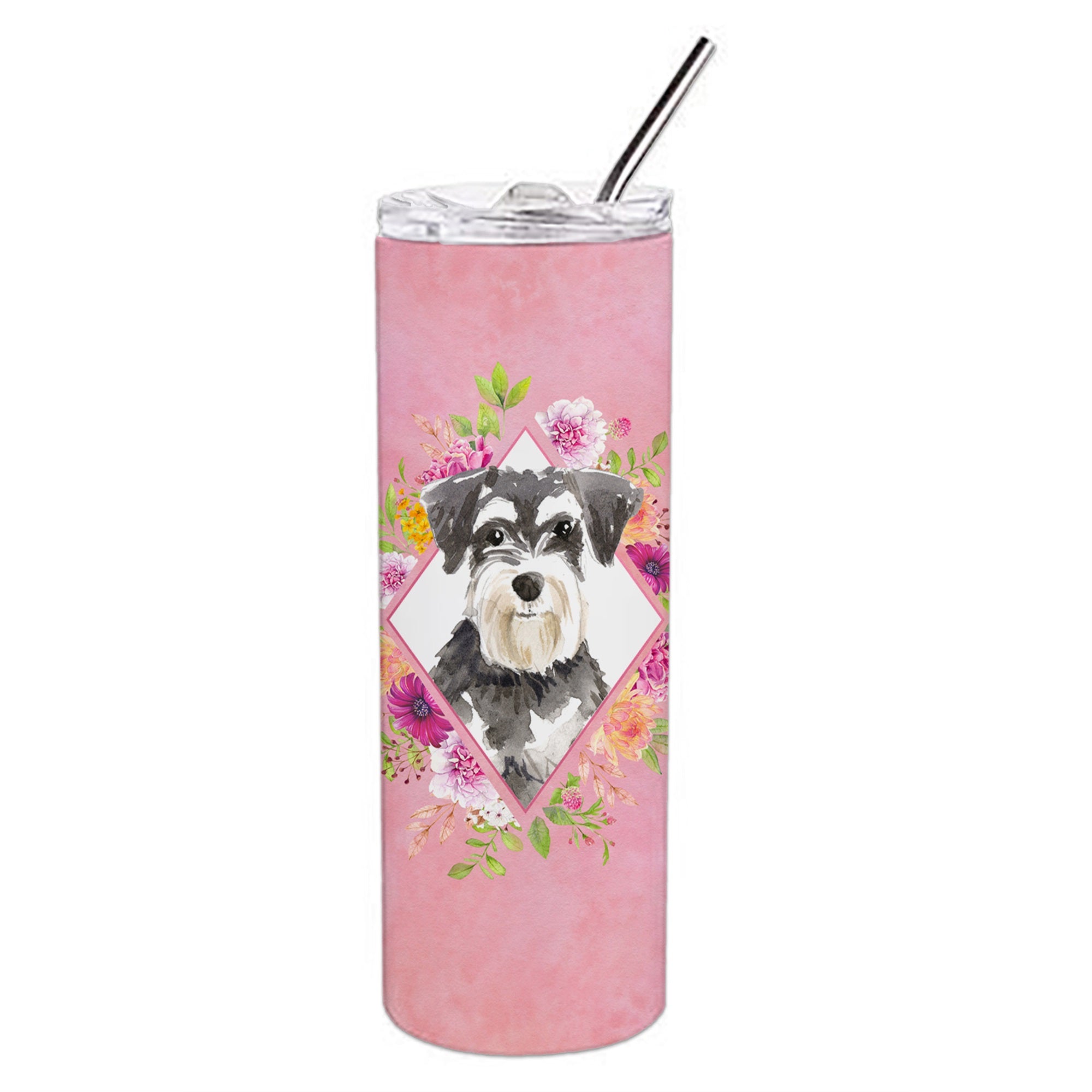 Schnauzer #2 Pink Flowers Double Walled Stainless Steel 20 Oz Skinny Tumbler