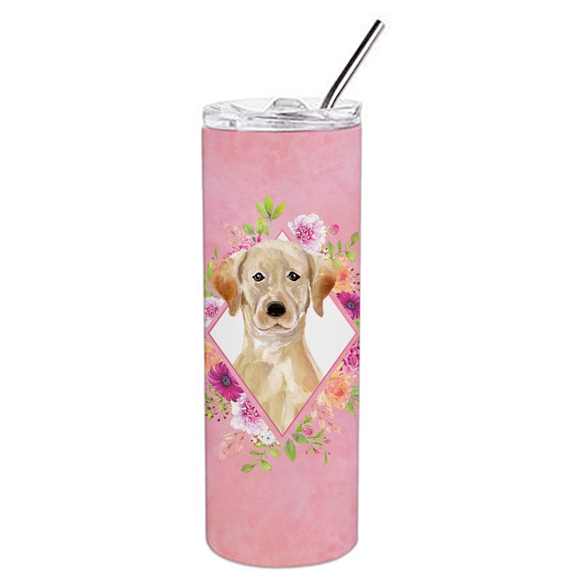 Yellow Lab Pink Flowers Double Walled Stainless Steel 20 Oz Skinny Tumbler