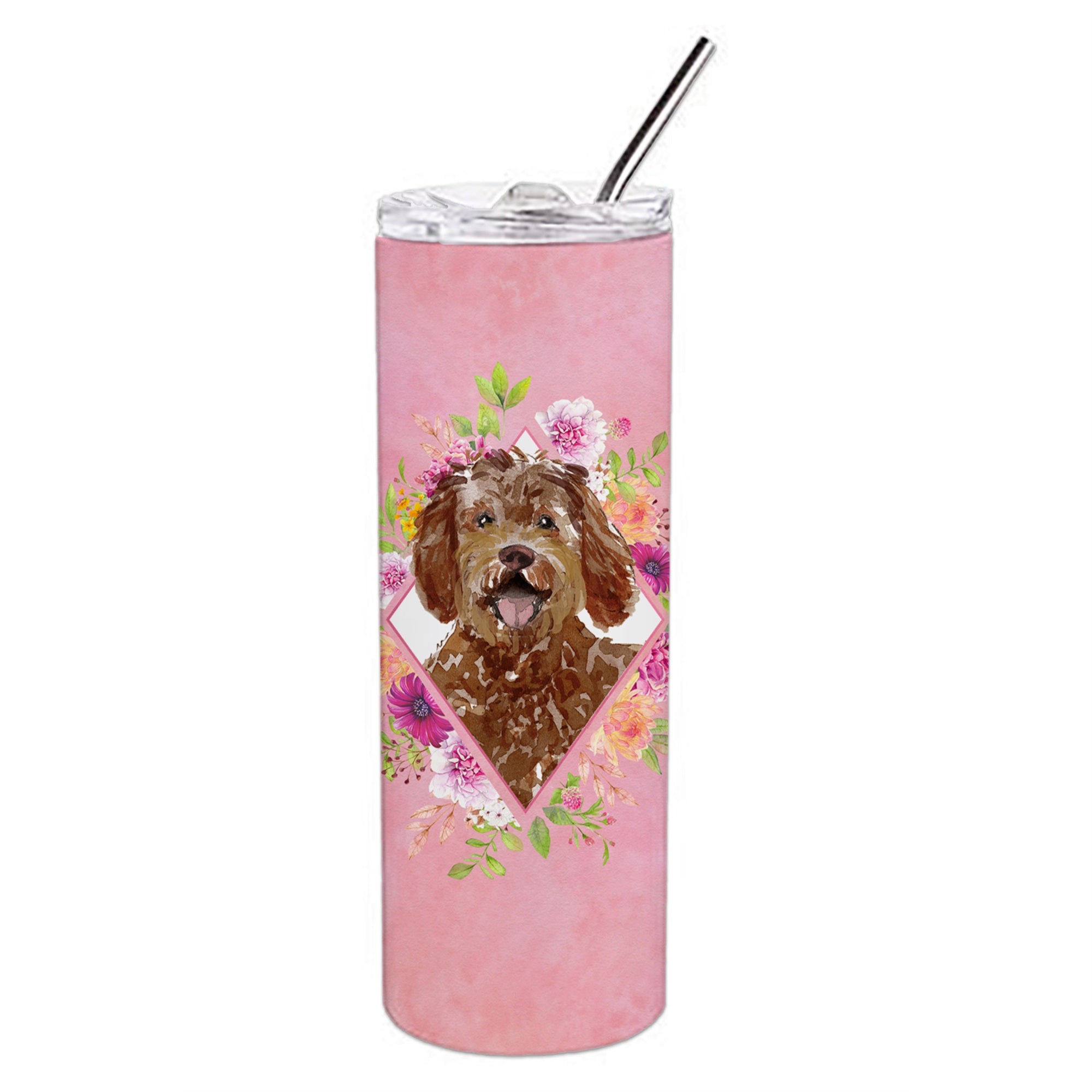 Labradoodle Pink Flowers Double Walled Stainless Steel 20 Oz Skinny Tumbler