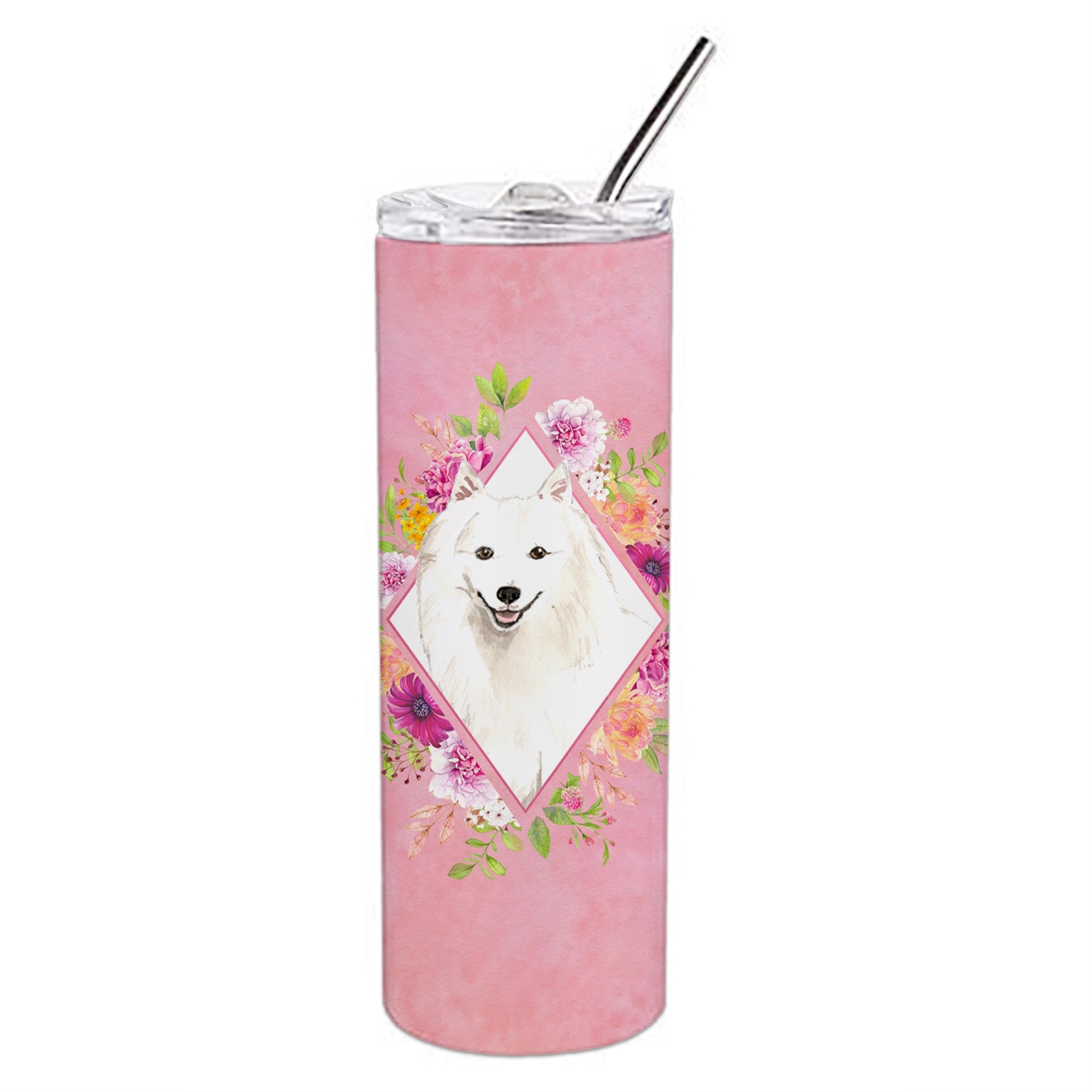 Japanese Spitz Pink Flowers Double Walled Stainless Steel 20 Oz Skinny Tumbler