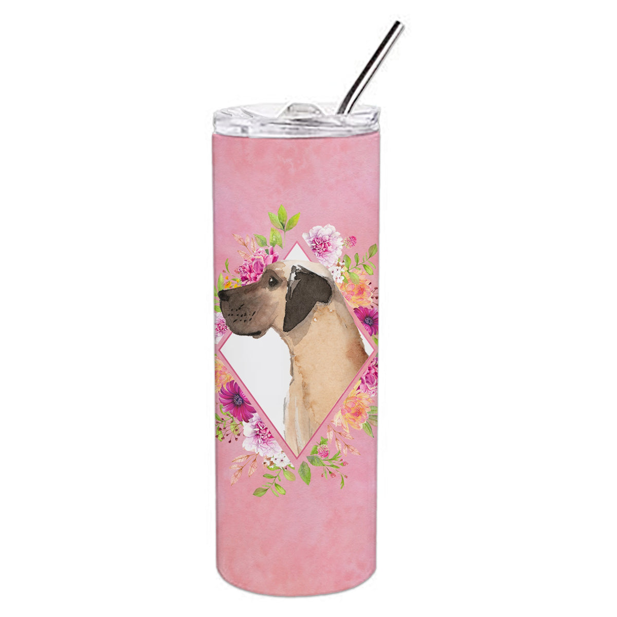 Fawn Great Dane Pink Flowers Double Walled Stainless Steel 20 Oz Skinny Tumbler