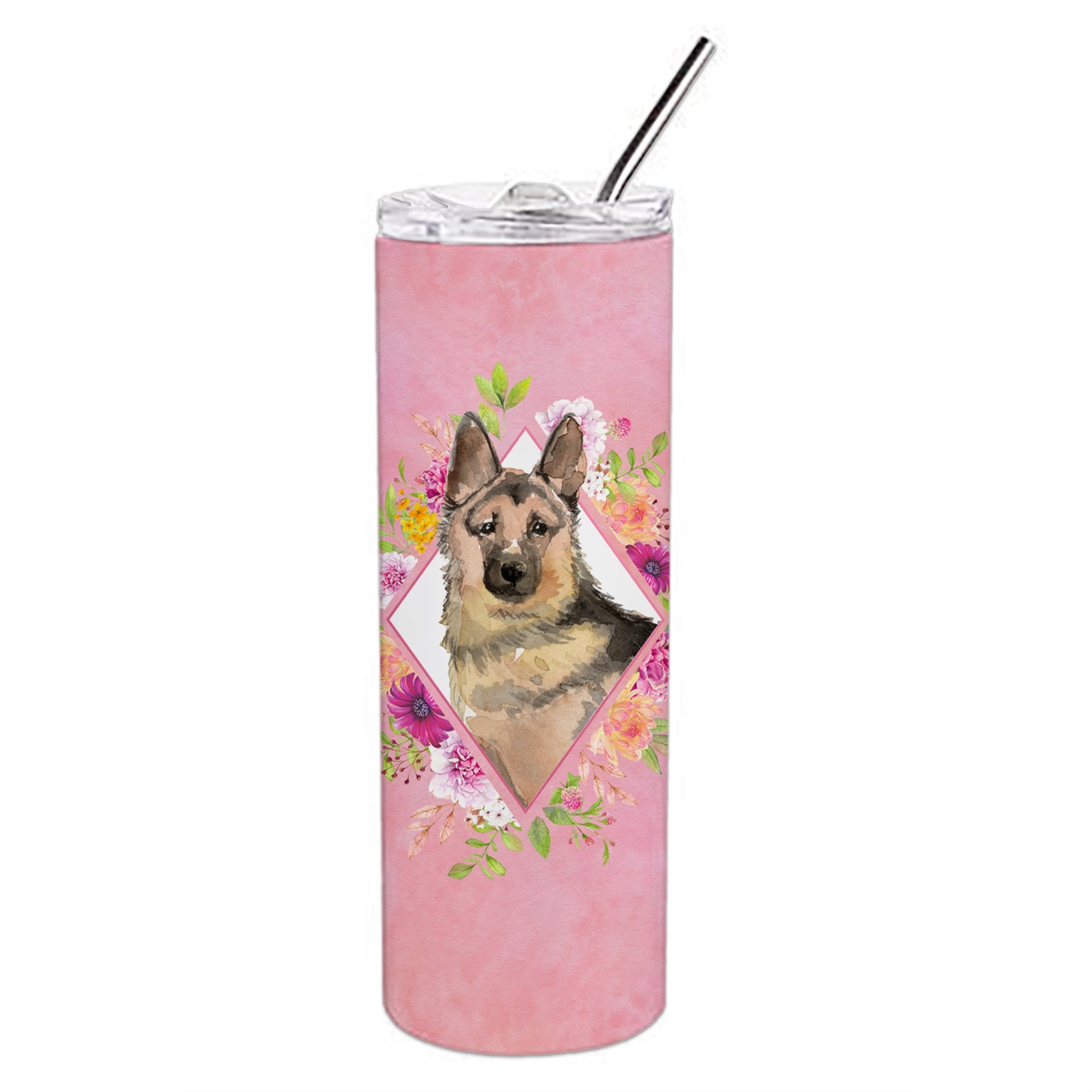 German Shepherd Pink Flowers Double Walled Stainless Steel 20 Oz Skinny Tumbler