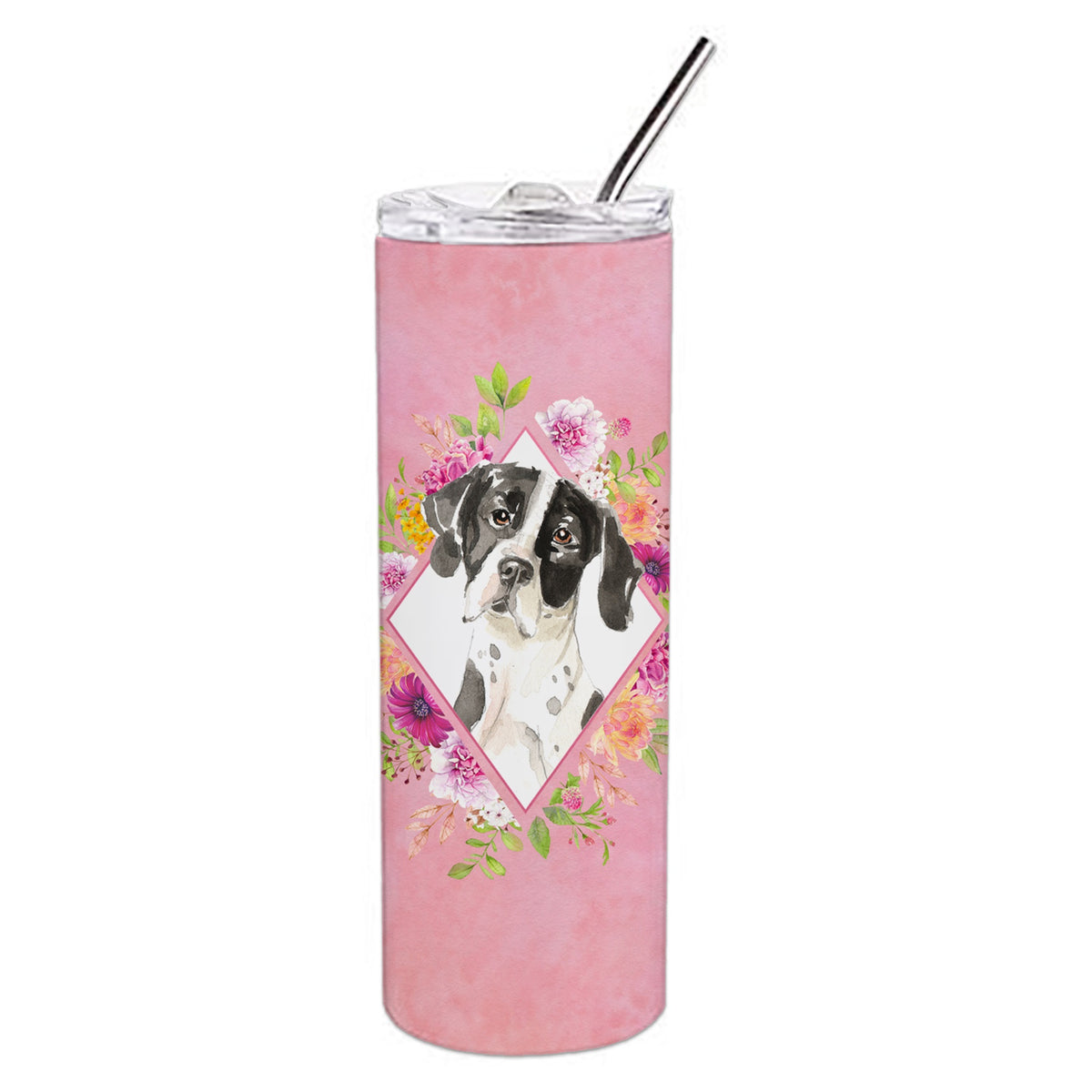 English Pointer Pink Flowers Double Walled Stainless Steel 20 Oz Skinny Tumbler