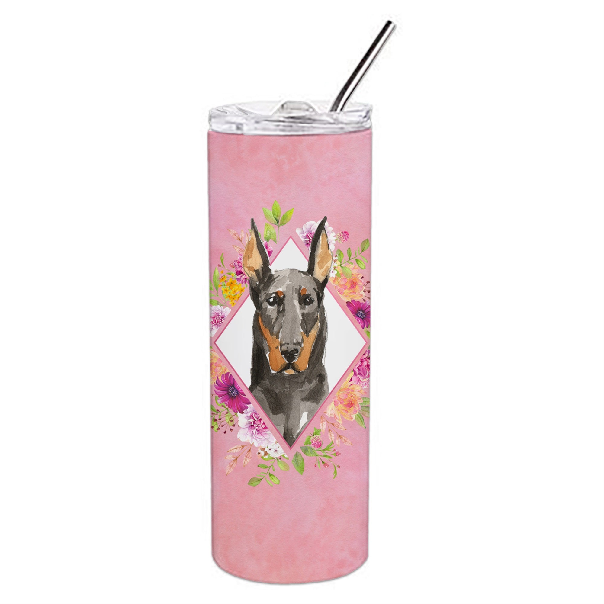 Doberman Pinsher Pink Flowers Double Walled Stainless Steel 20 Oz Skinny Tumbler