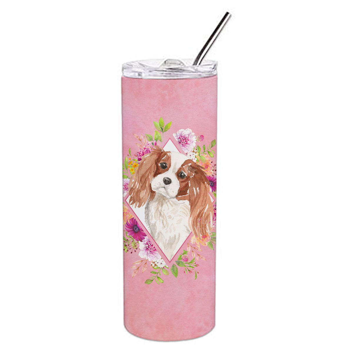 Blenheim Cavalier Spaniel Pink Flowers Double Walled Stainless Steel 20 Oz Skinny Tumbler
