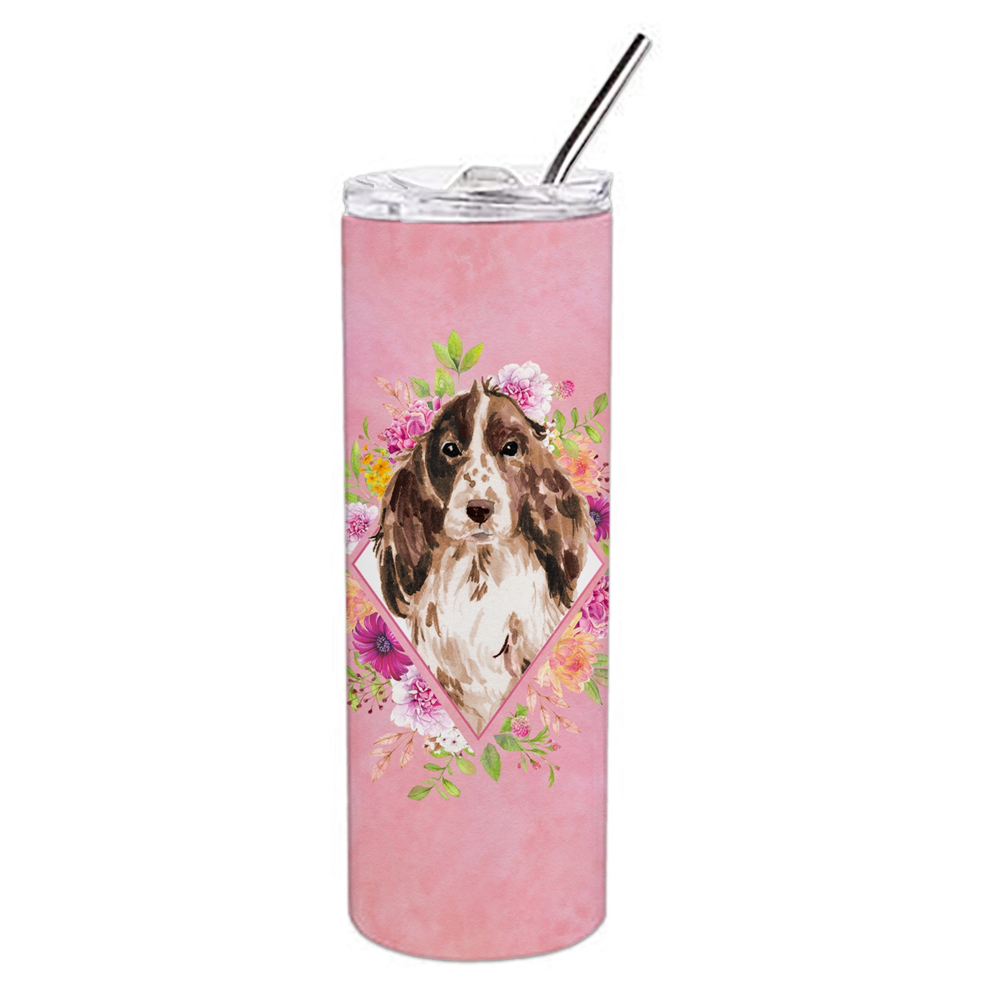 Brown Parti Cocker Spaniel Pink Flowers Double Walled Stainless Steel 20 Oz Skinny Tumbler