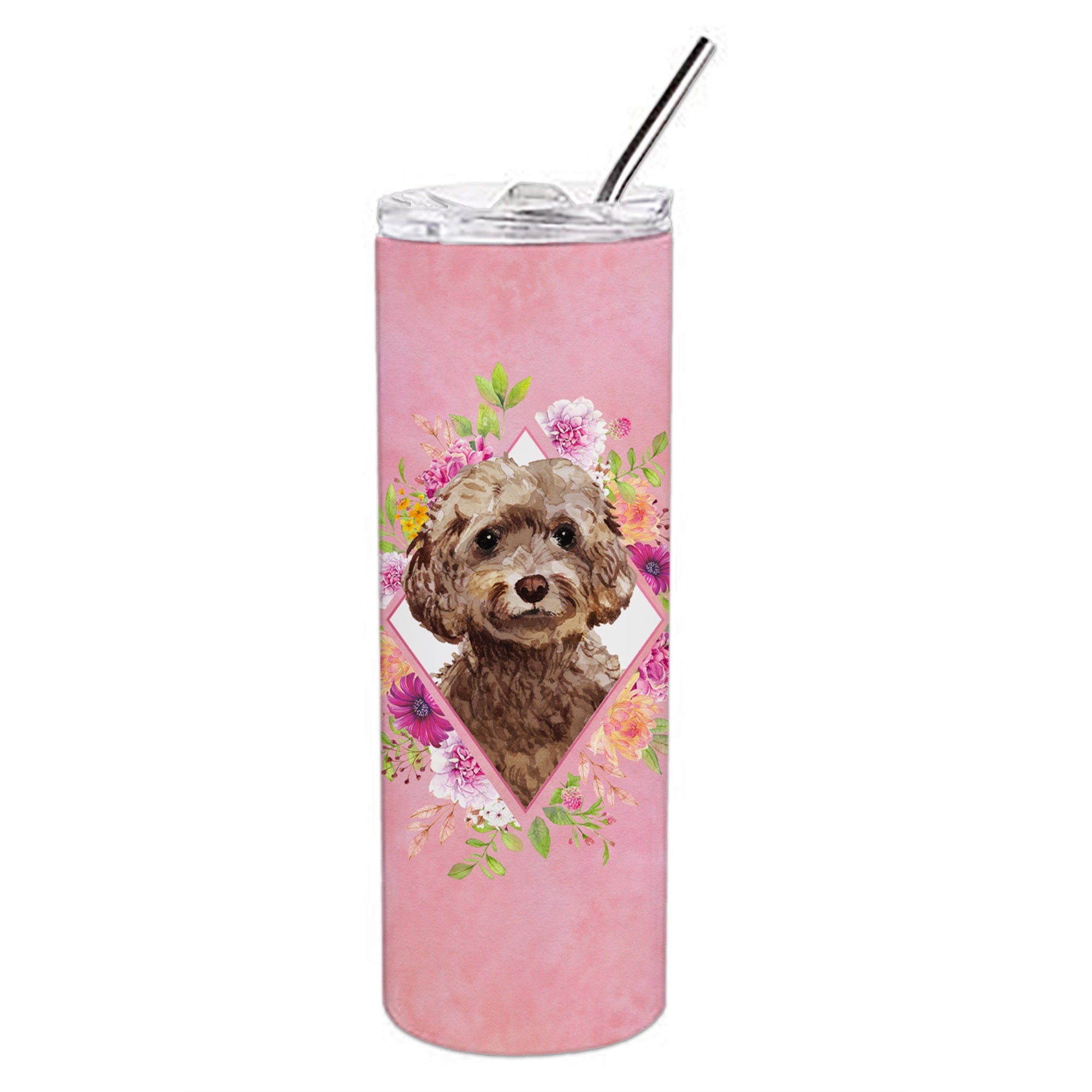 Chocolate Cockapoo Pink Flowers Double Walled Stainless Steel 20 Oz Skinny Tumbler