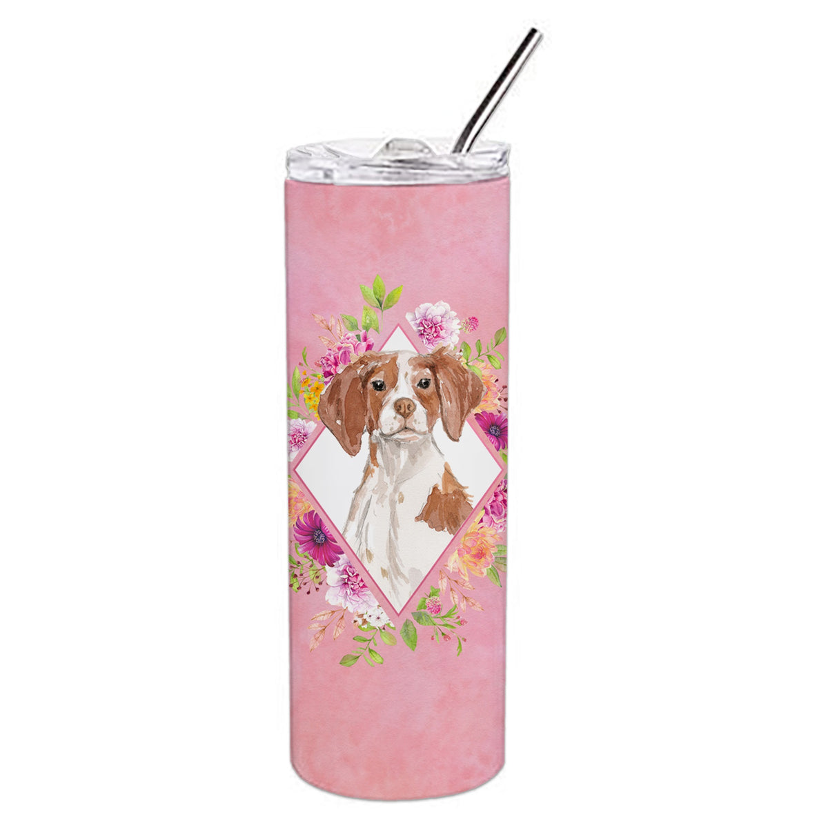 Brittany Spaniel Pink Flowers Double Walled Stainless Steel 20 Oz Skinny Tumbler