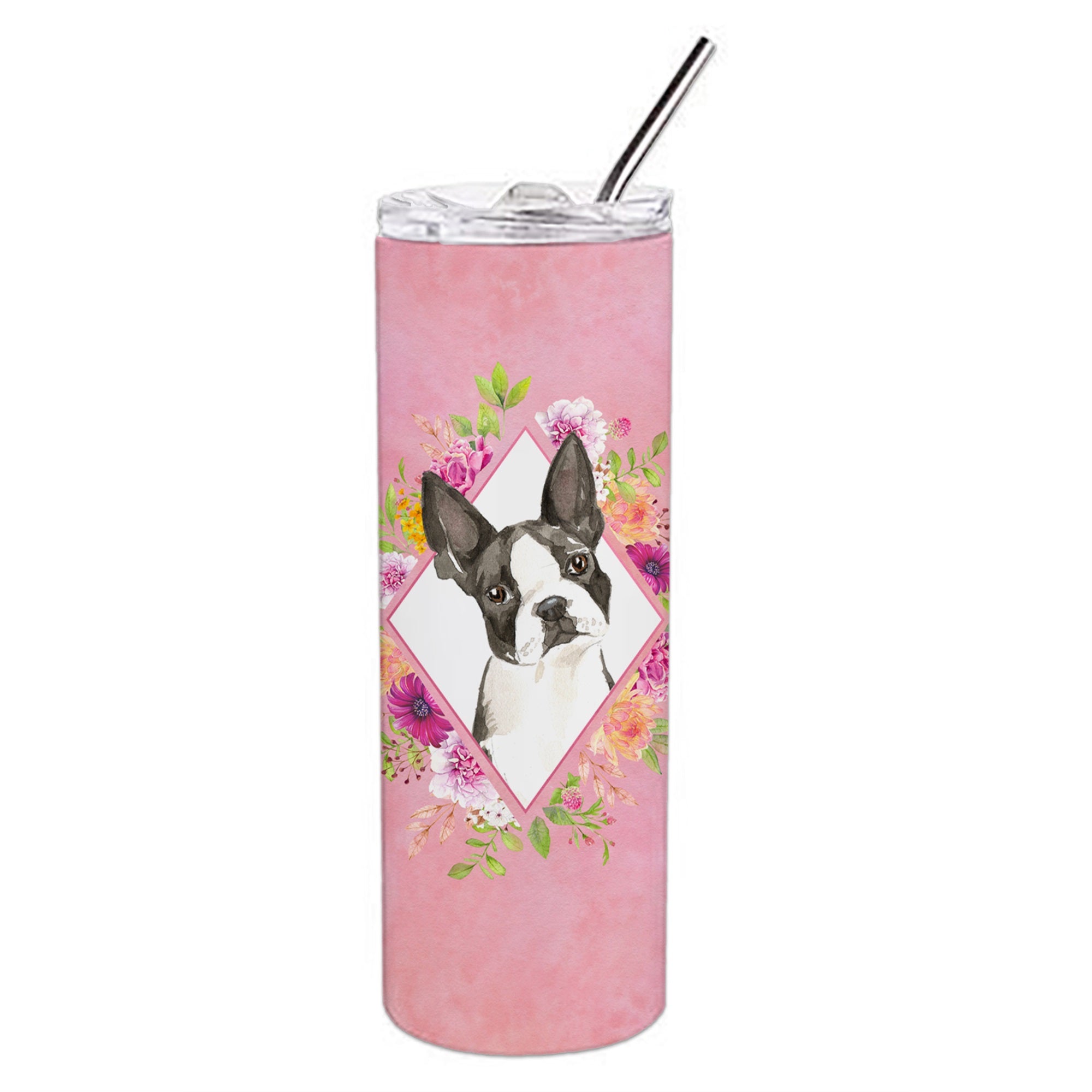 Boston Terrier Pink Flowers Double Walled Stainless Steel 20 Oz Skinny Tumbler