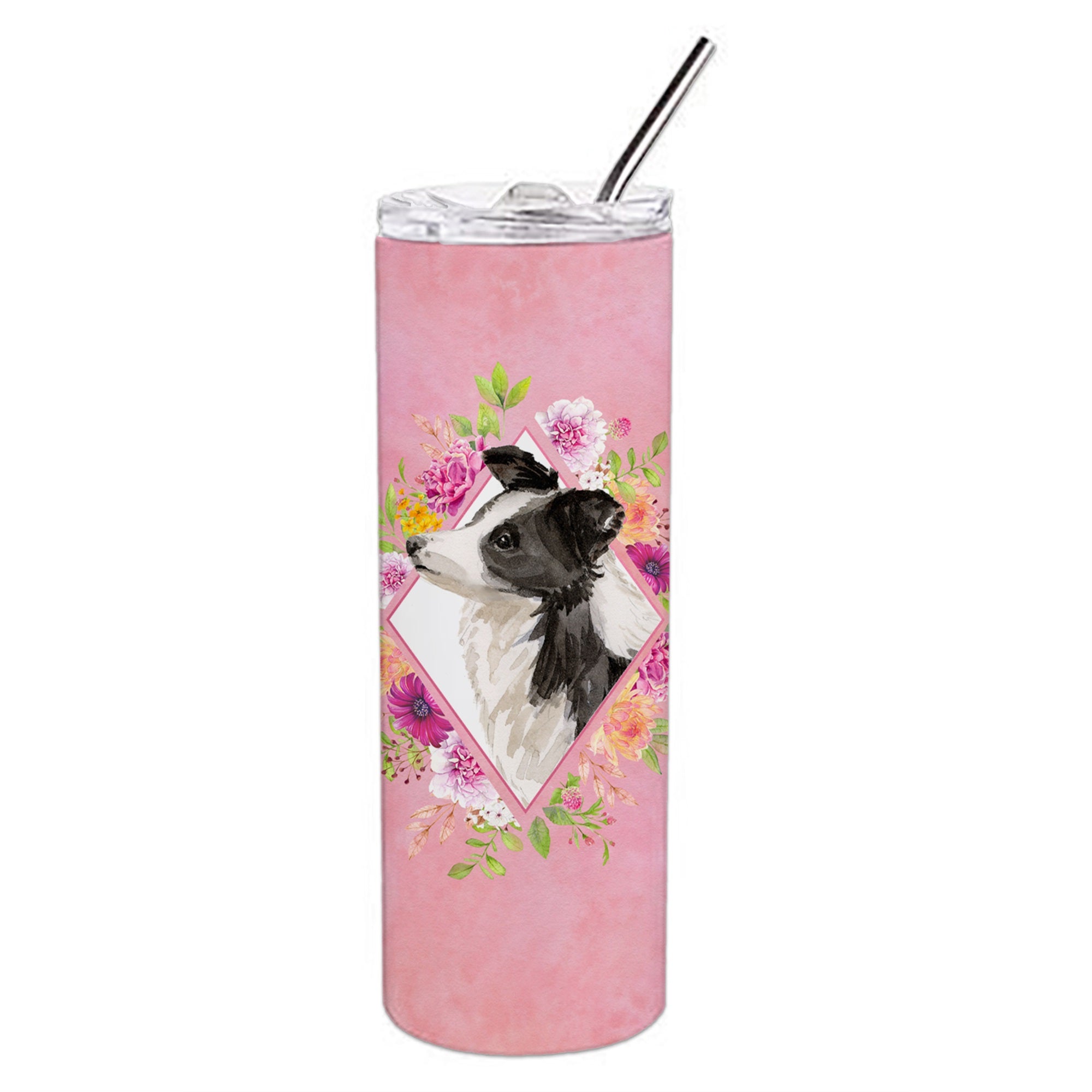 Border Collie Pink Flowers Double Walled Stainless Steel 20 Oz Skinny Tumbler