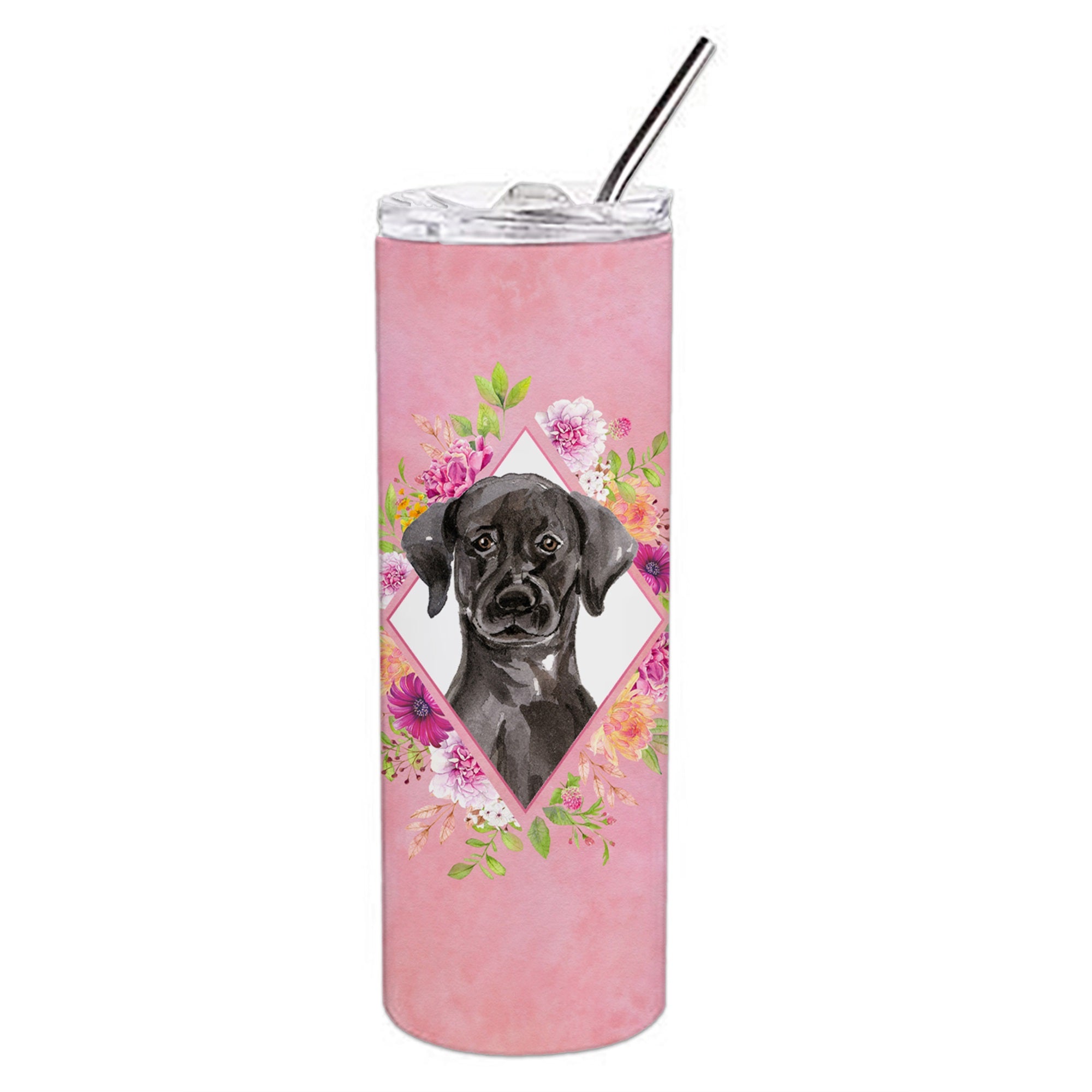 Black Labrador Pink Flowers Double Walled Stainless Steel 20 Oz Skinny Tumbler