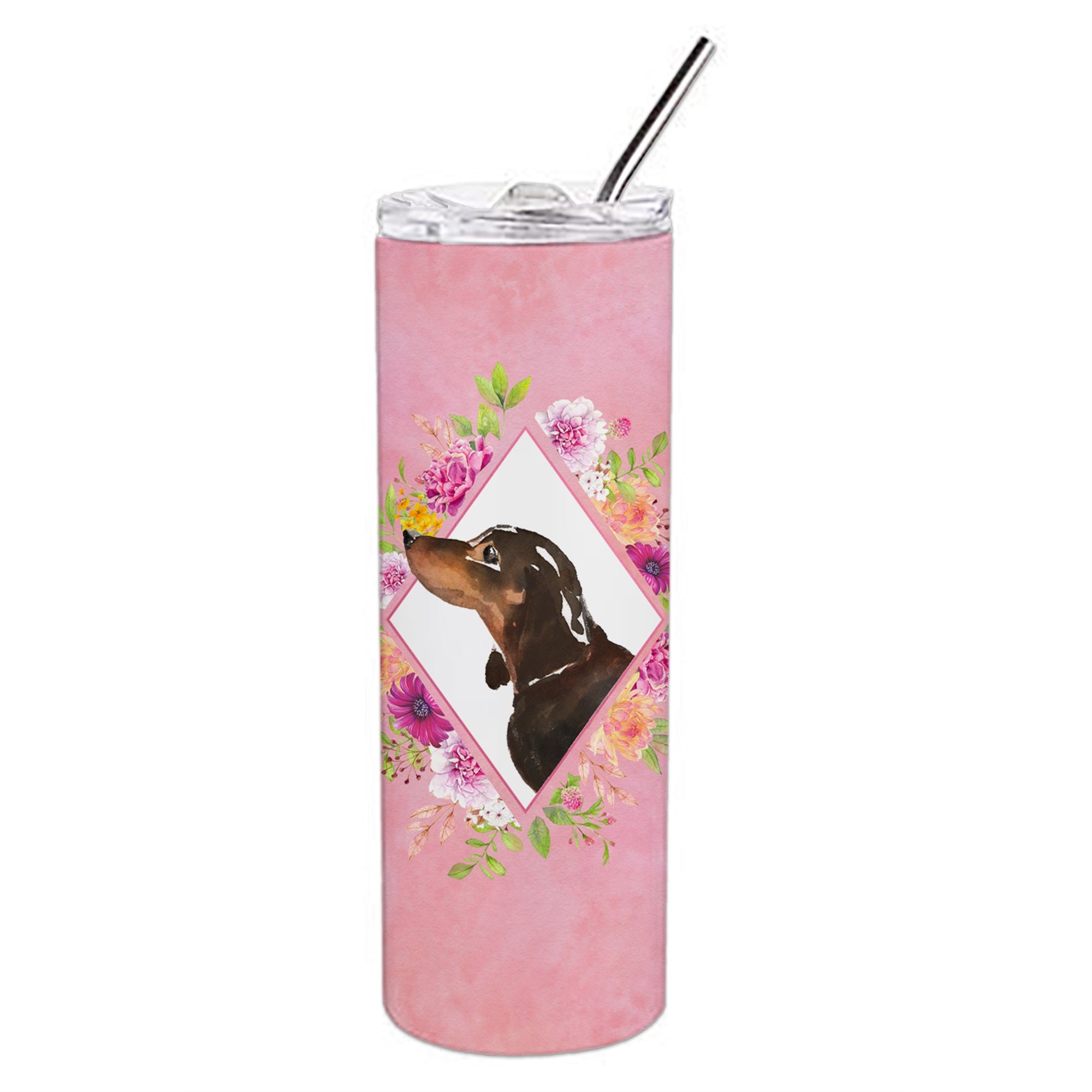 Black And Tan Dachshund Pink Flowers Double Walled Stainless Steel 20 Oz Skinny Tumbler