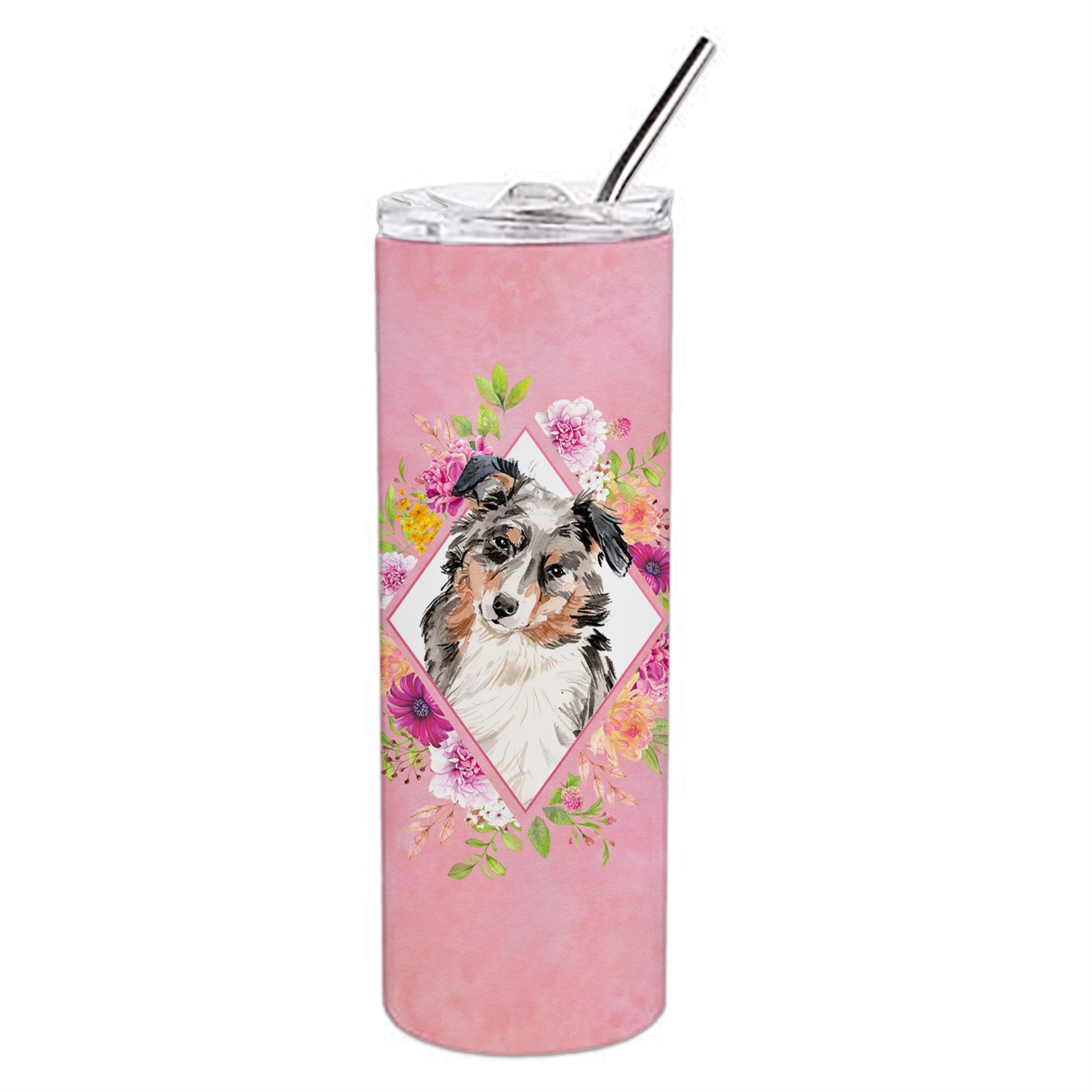 Australian Shepherd Pink Flowers Double Walled Stainless Steel 20 Oz Skinny Tumbler