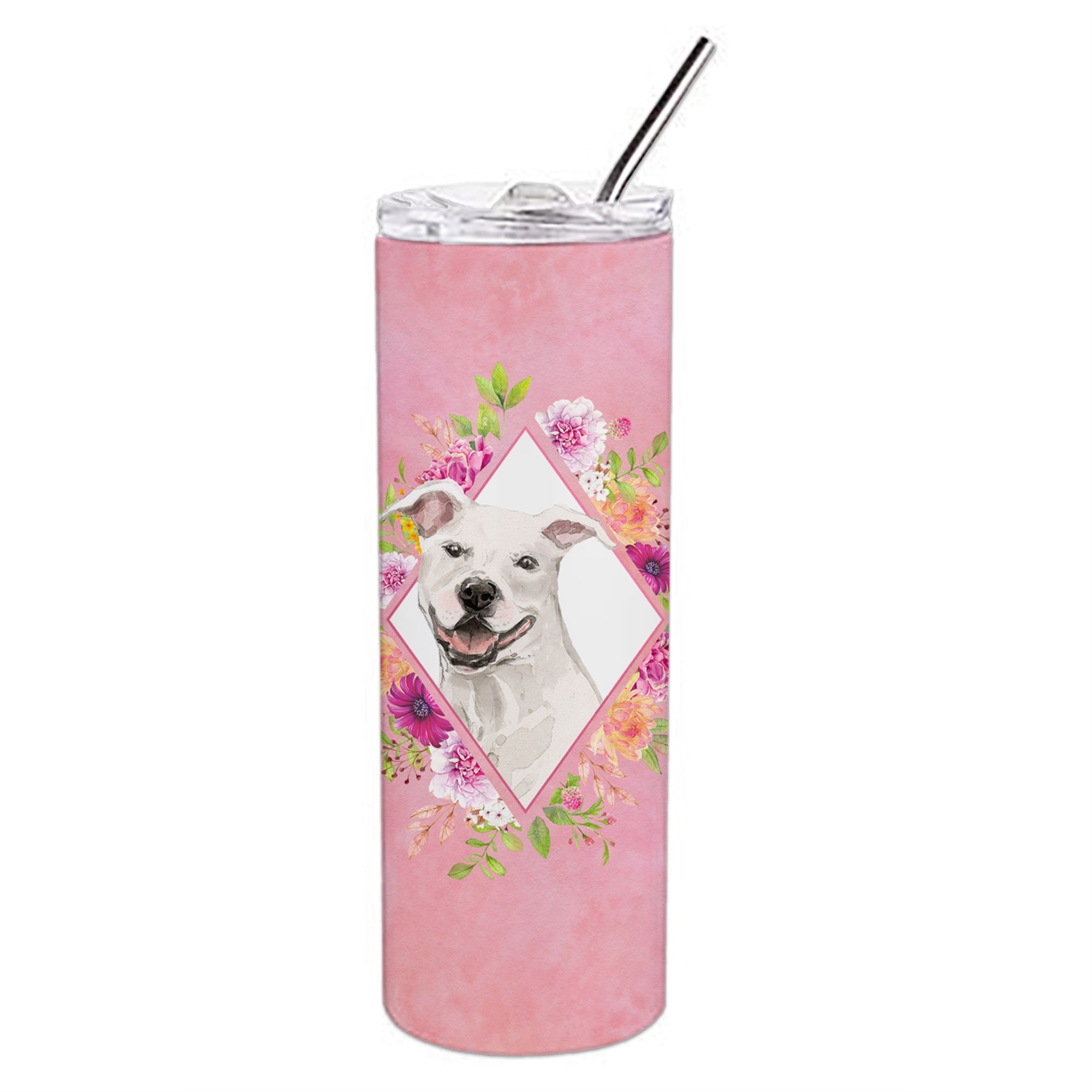 White Pit Bull Terrier Pink Flowers Double Walled Stainless Steel 20 Oz Skinny Tumbler