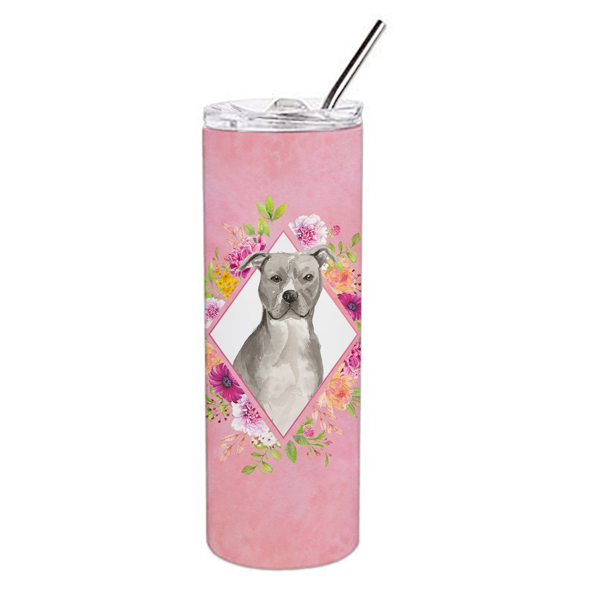 Blue Pit Bull Terrier Pink Flowers Double Walled Stainless Steel 20 Oz Skinny Tumbler