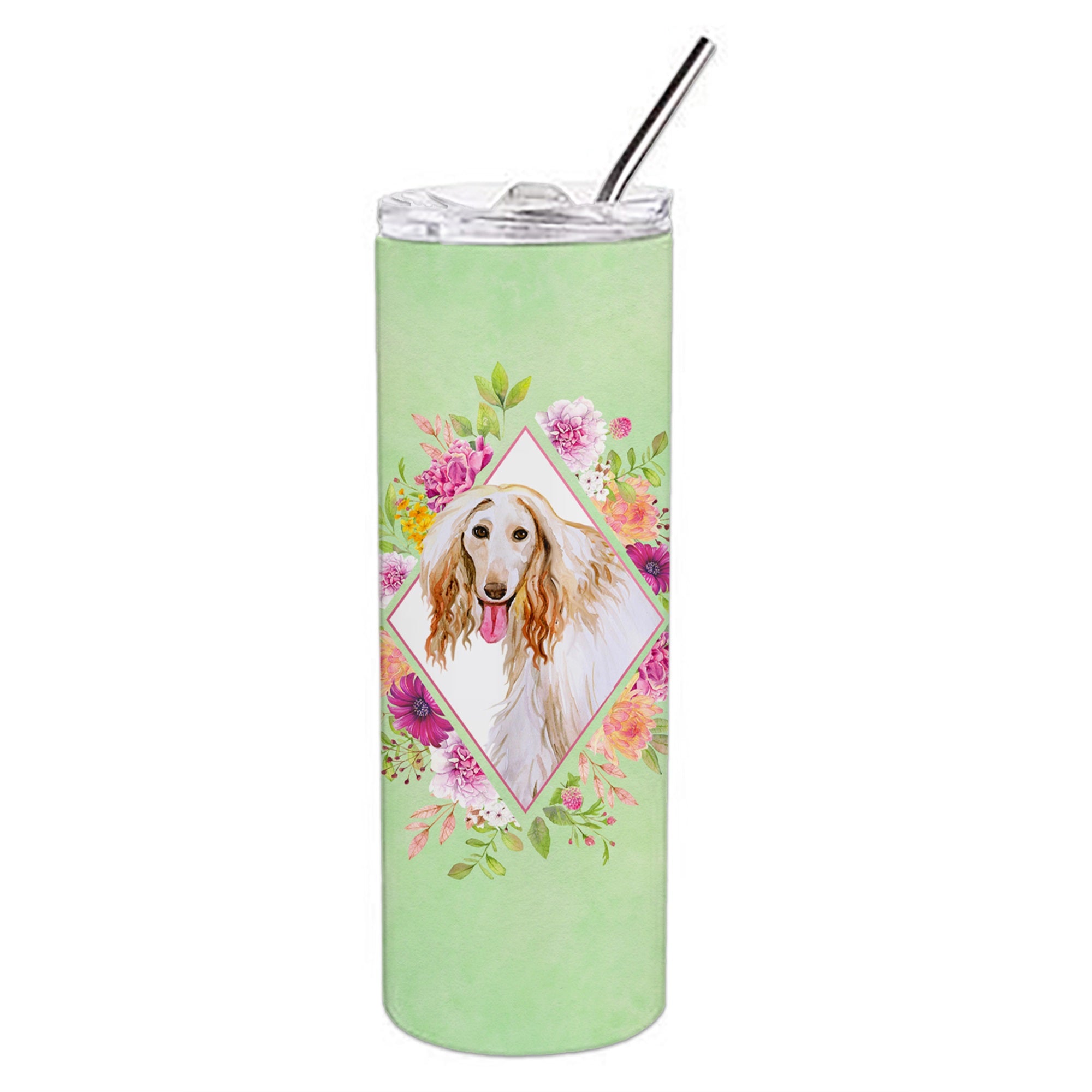 Afghan Hound Green Flowers Double Walled Stainless Steel 20 Oz Skinny Tumbler