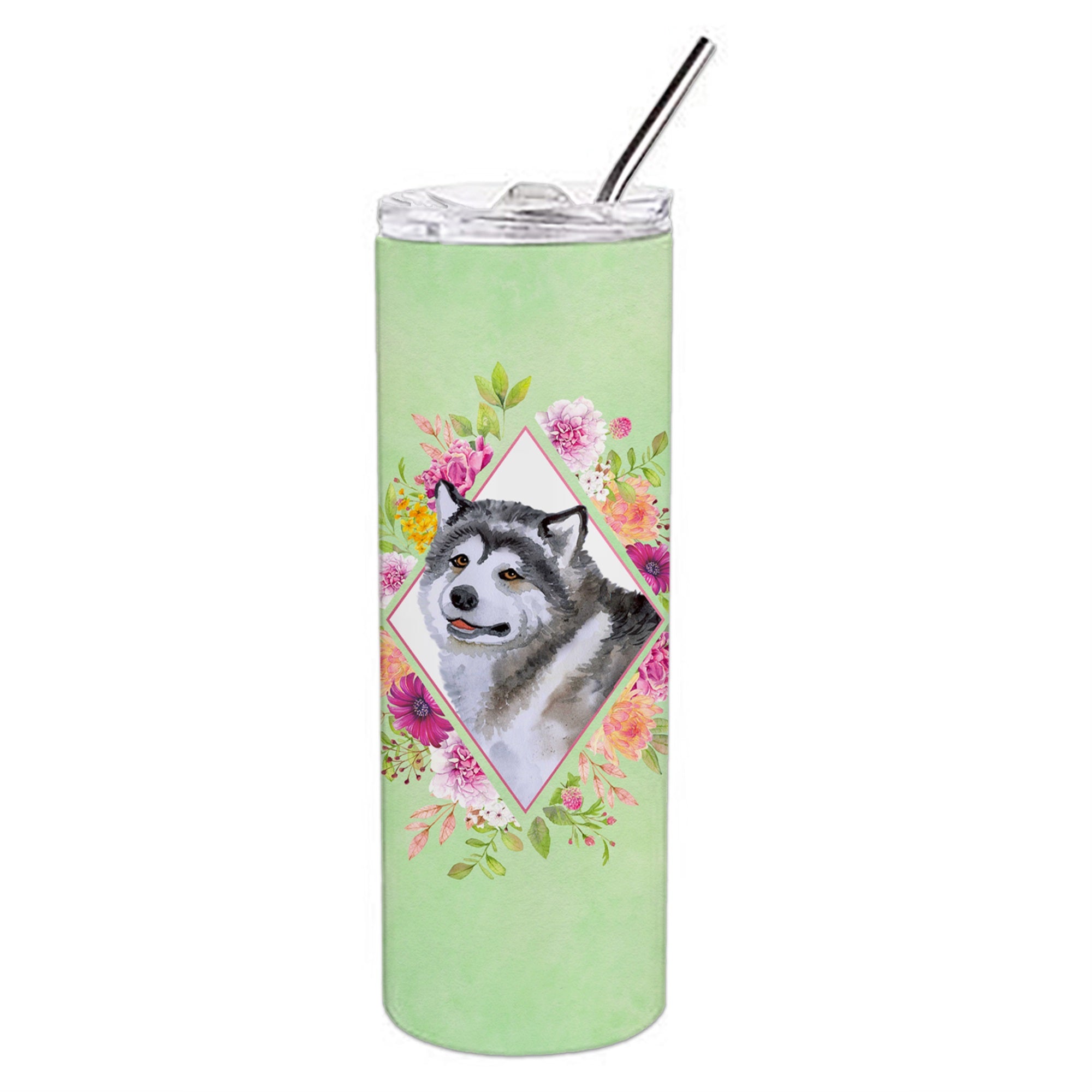 Alaskan Malamute Green Flowers Double Walled Stainless Steel 20 Oz Skinny Tumbler
