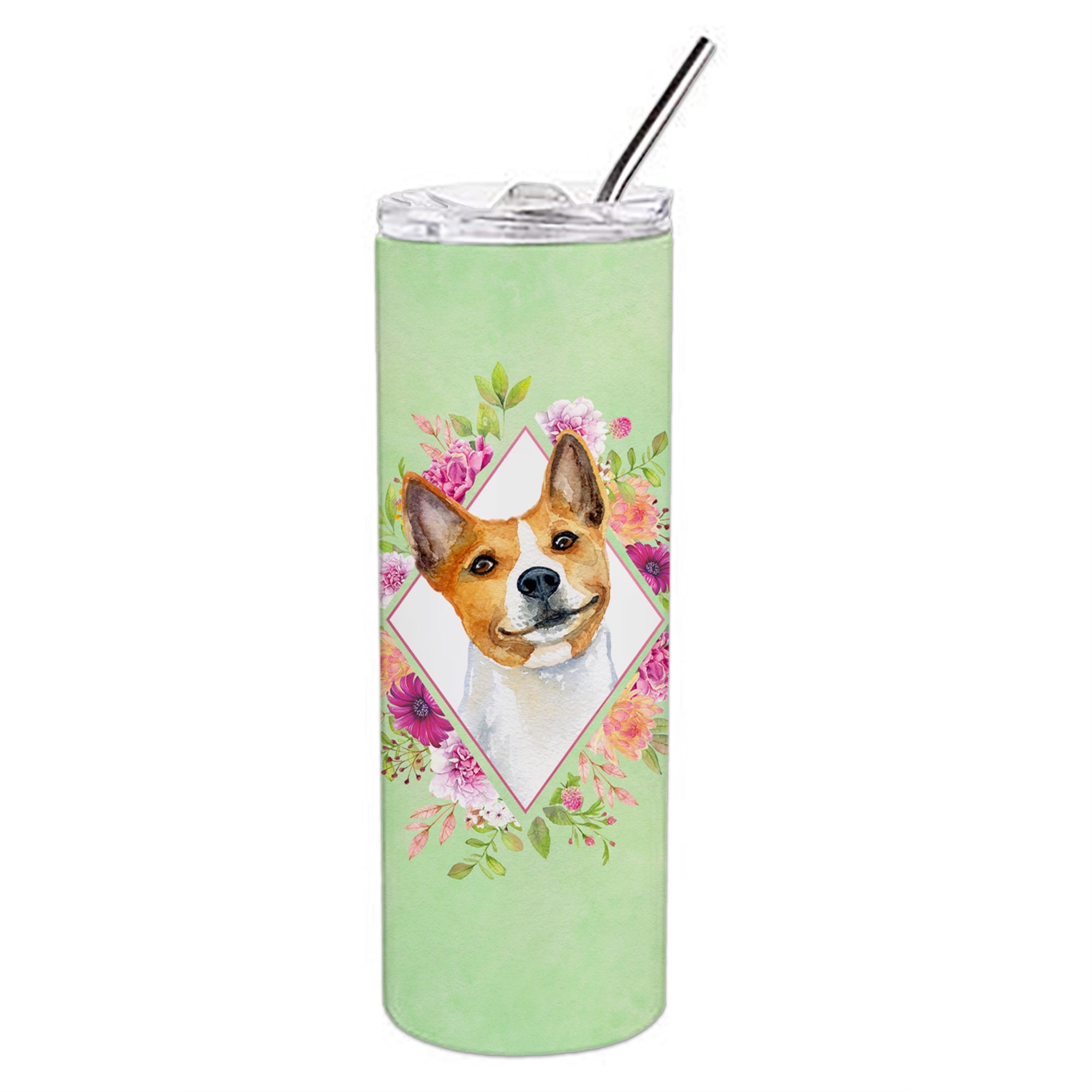 Basenji Green Flowers Double Walled Stainless Steel 20 Oz Skinny Tumbler