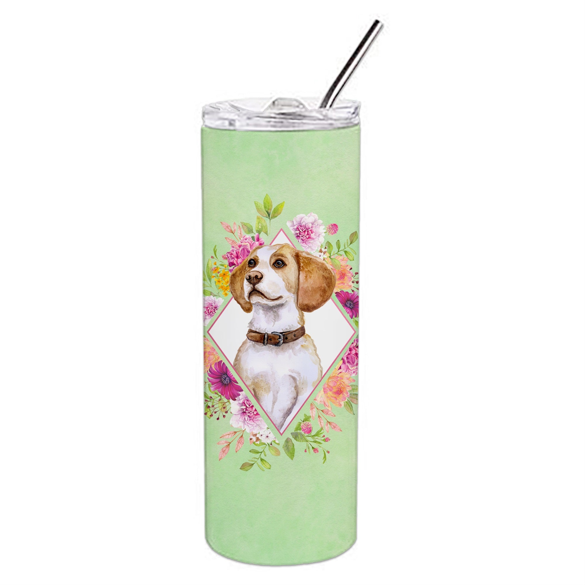 Beagle Green Flowers Double Walled Stainless Steel 20 Oz Skinny Tumbler