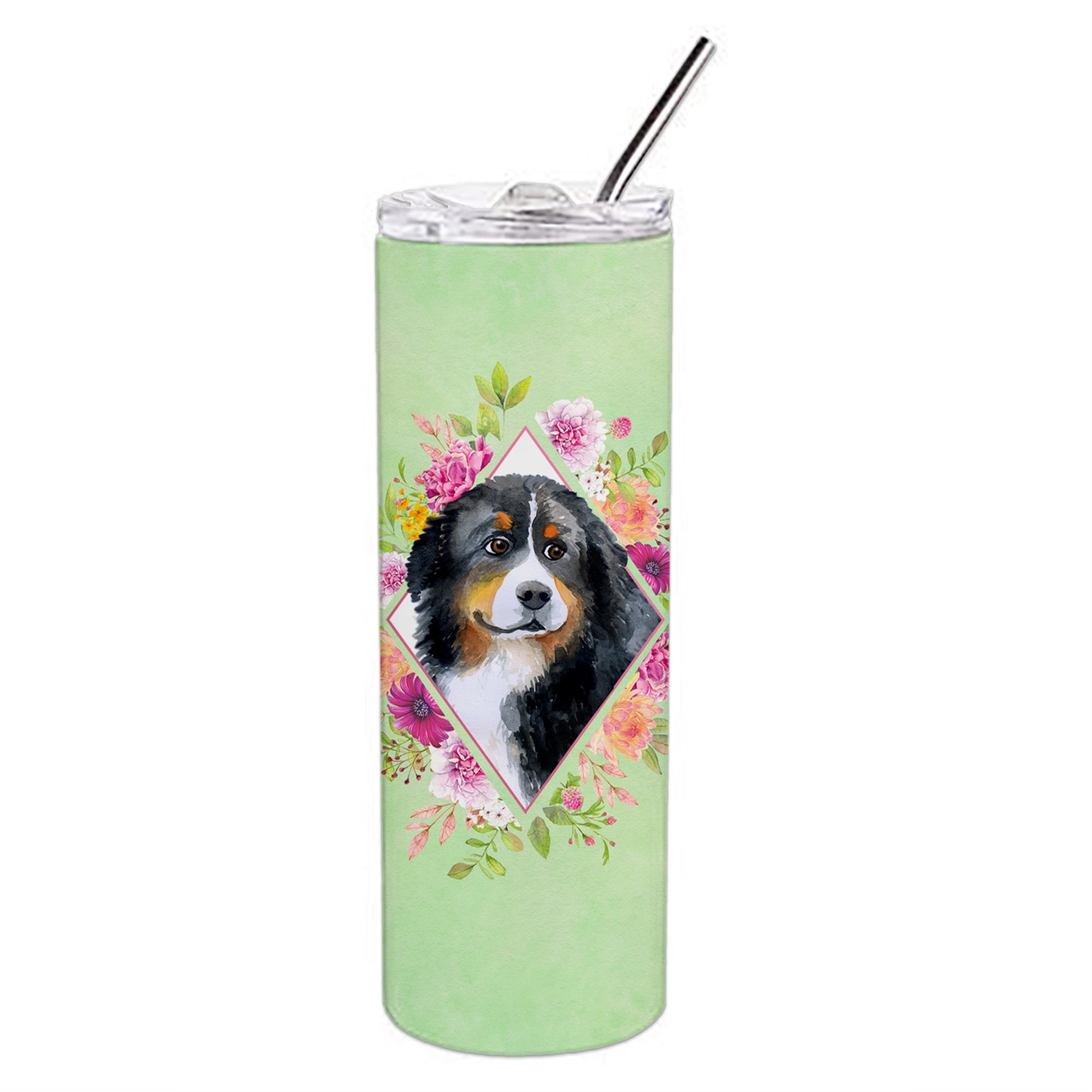Bernese Mountain Dog Green Flowers Double Walled Stainless Steel 20 Oz Skinny Tumbler