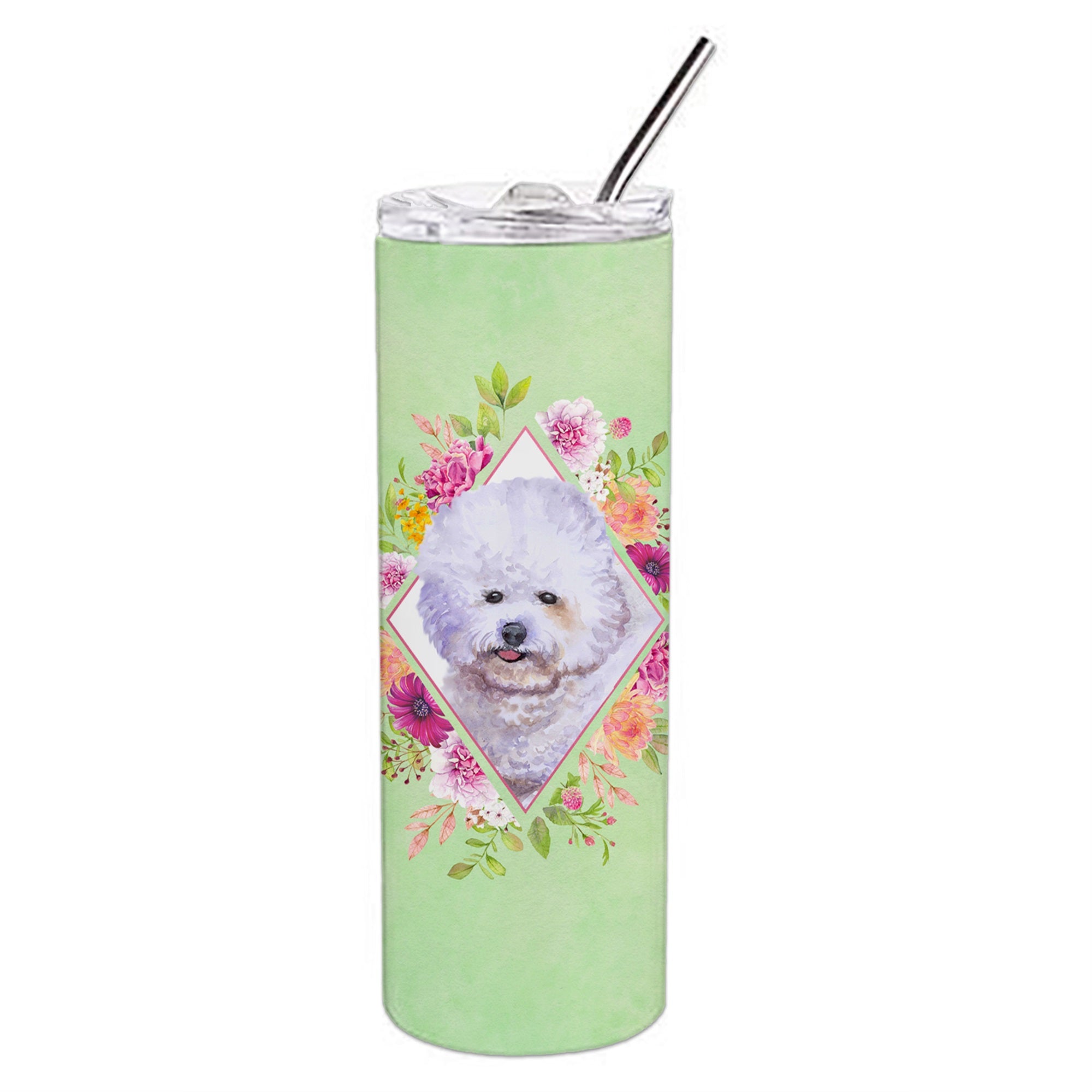 Bichon Fris #2 Green Flowers Double Walled Stainless Steel 20 Oz Skinny Tumbler