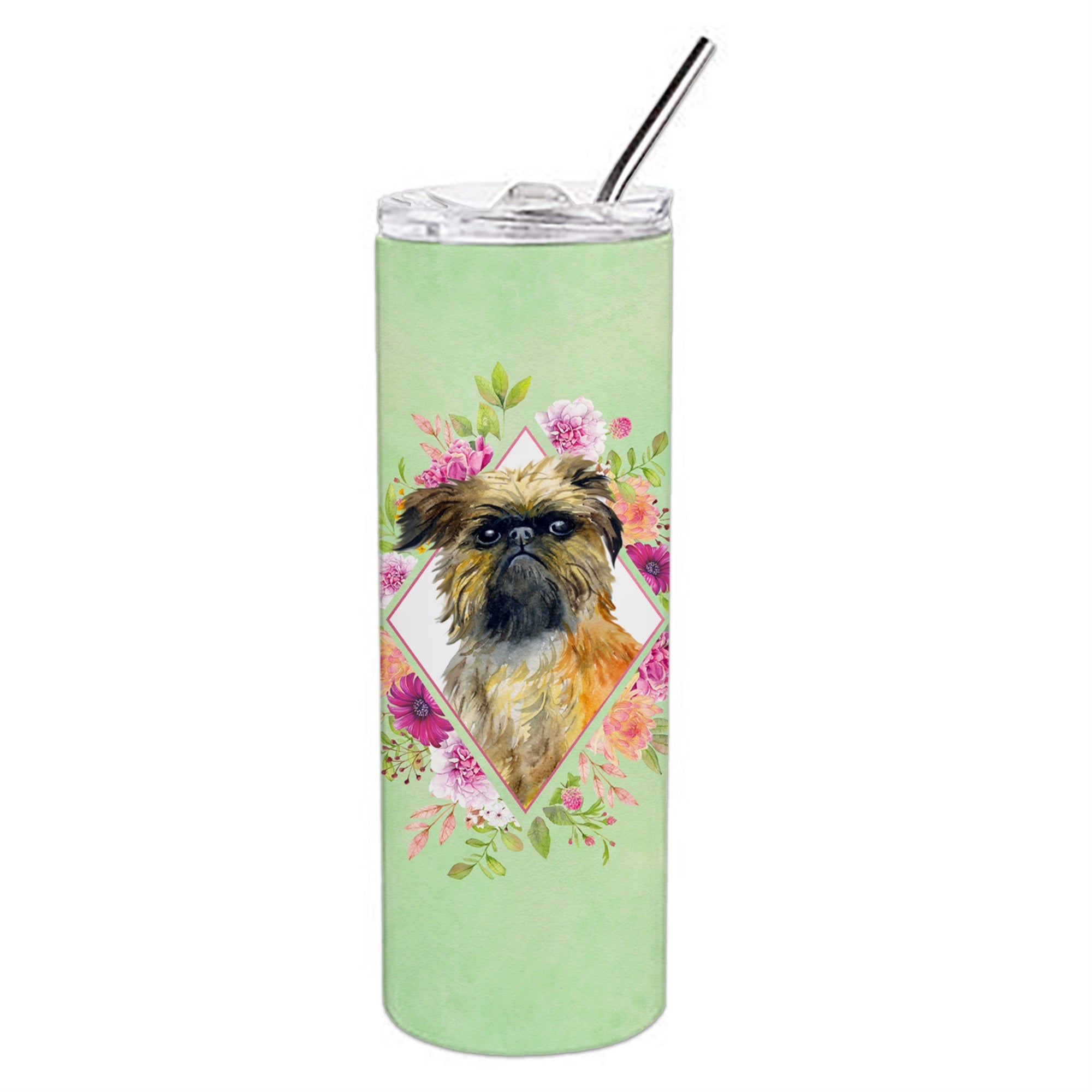 Brussels Griffon Green Flowers Double Walled Stainless Steel 20 Oz Skinny Tumbler