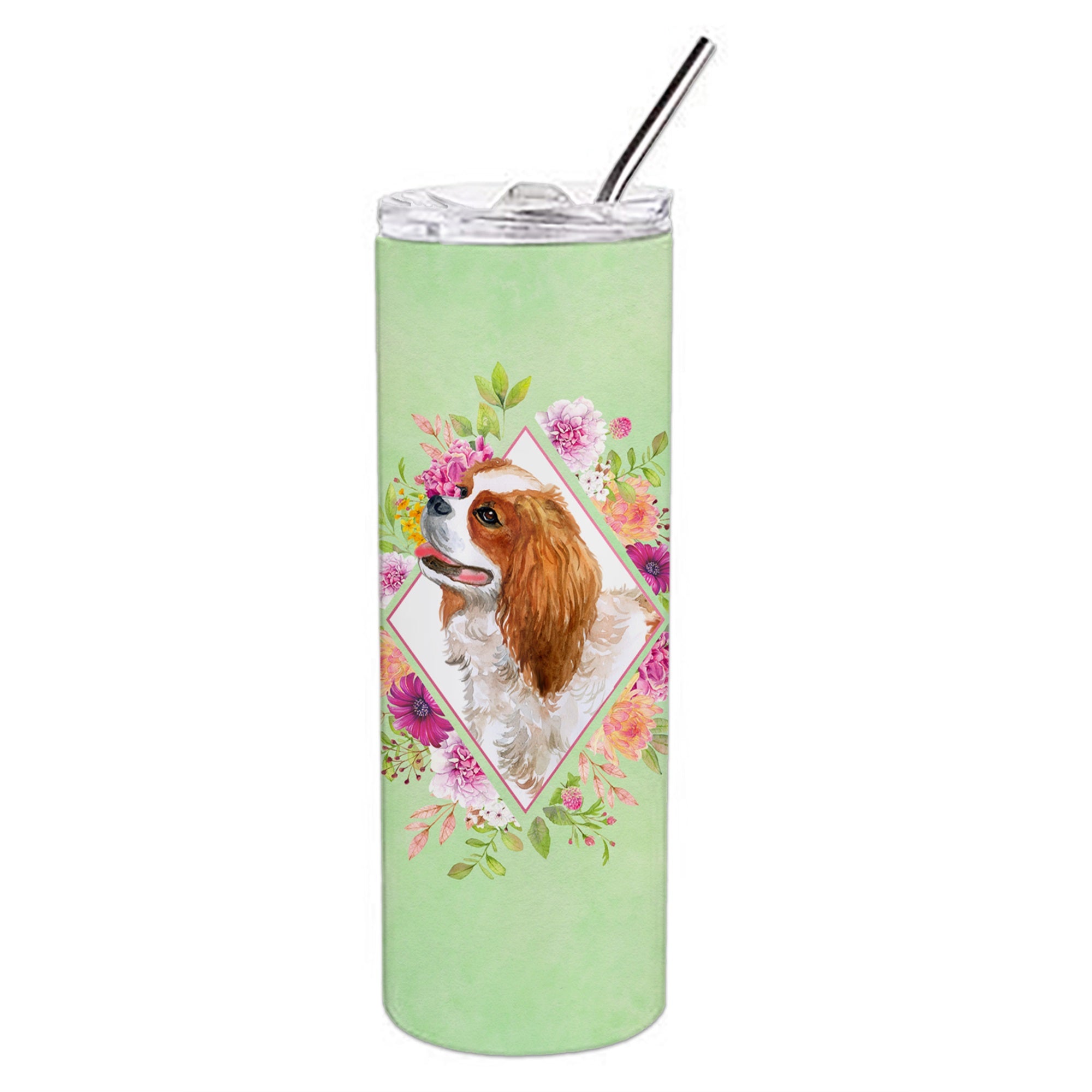 Cavalier King Charles Spaniel Green Flowers Double Walled Stainless Steel 20 Oz Skinny Tumbler