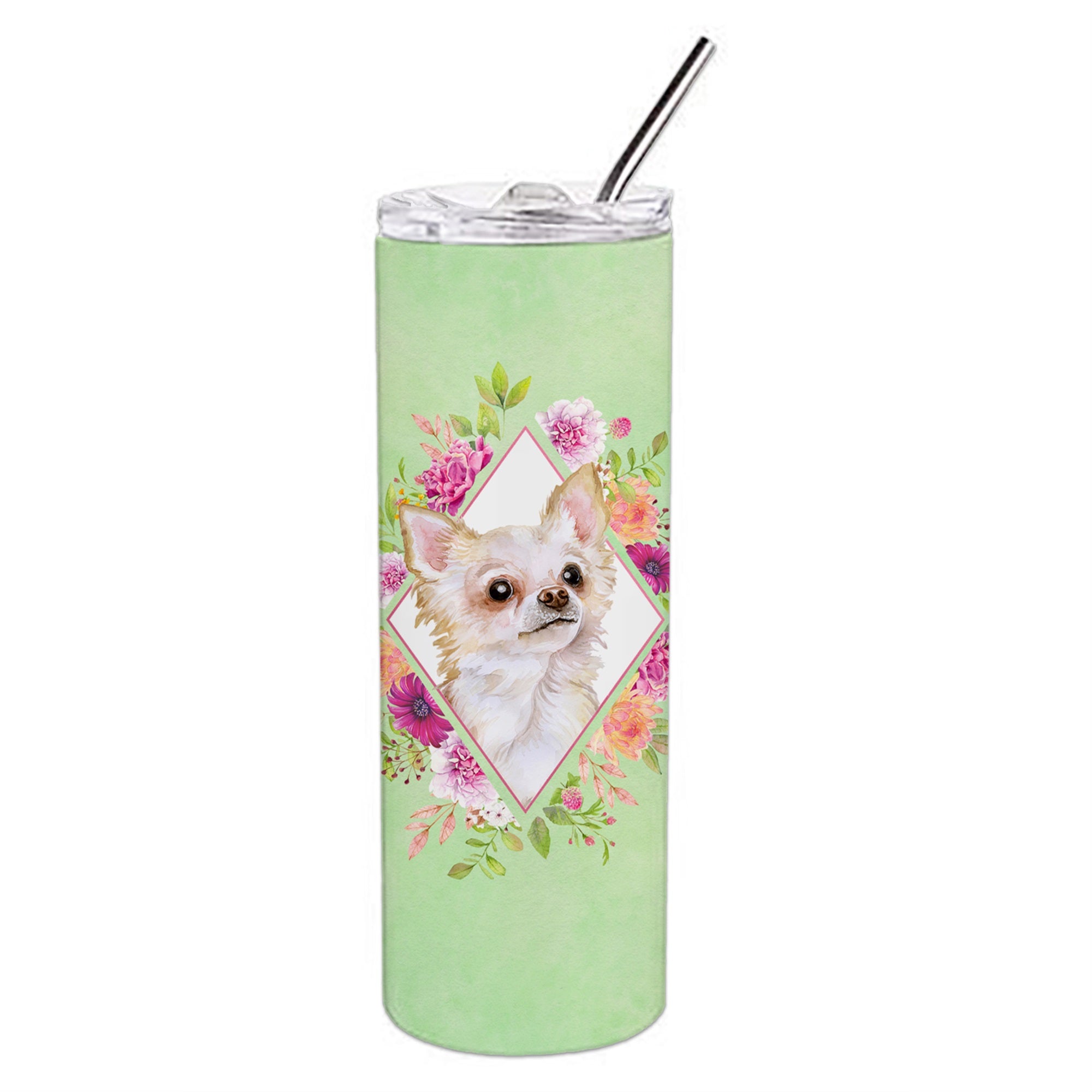 Long Hair Chihuahua Green Flowers Double Walled Stainless Steel 20 Oz Skinny Tumbler