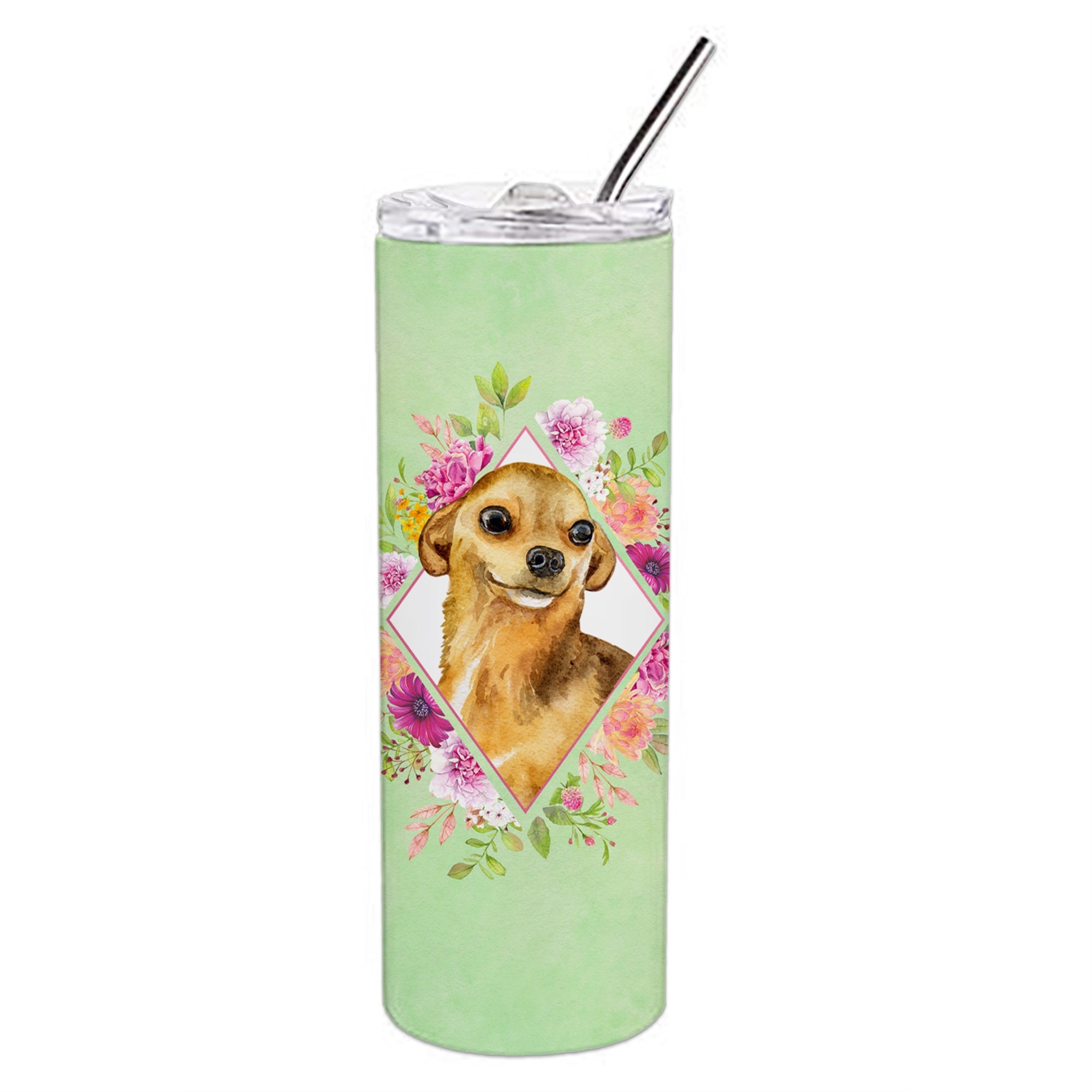 Chihuahua #1 Green Flowers Double Walled Stainless Steel 20 Oz Skinny Tumbler