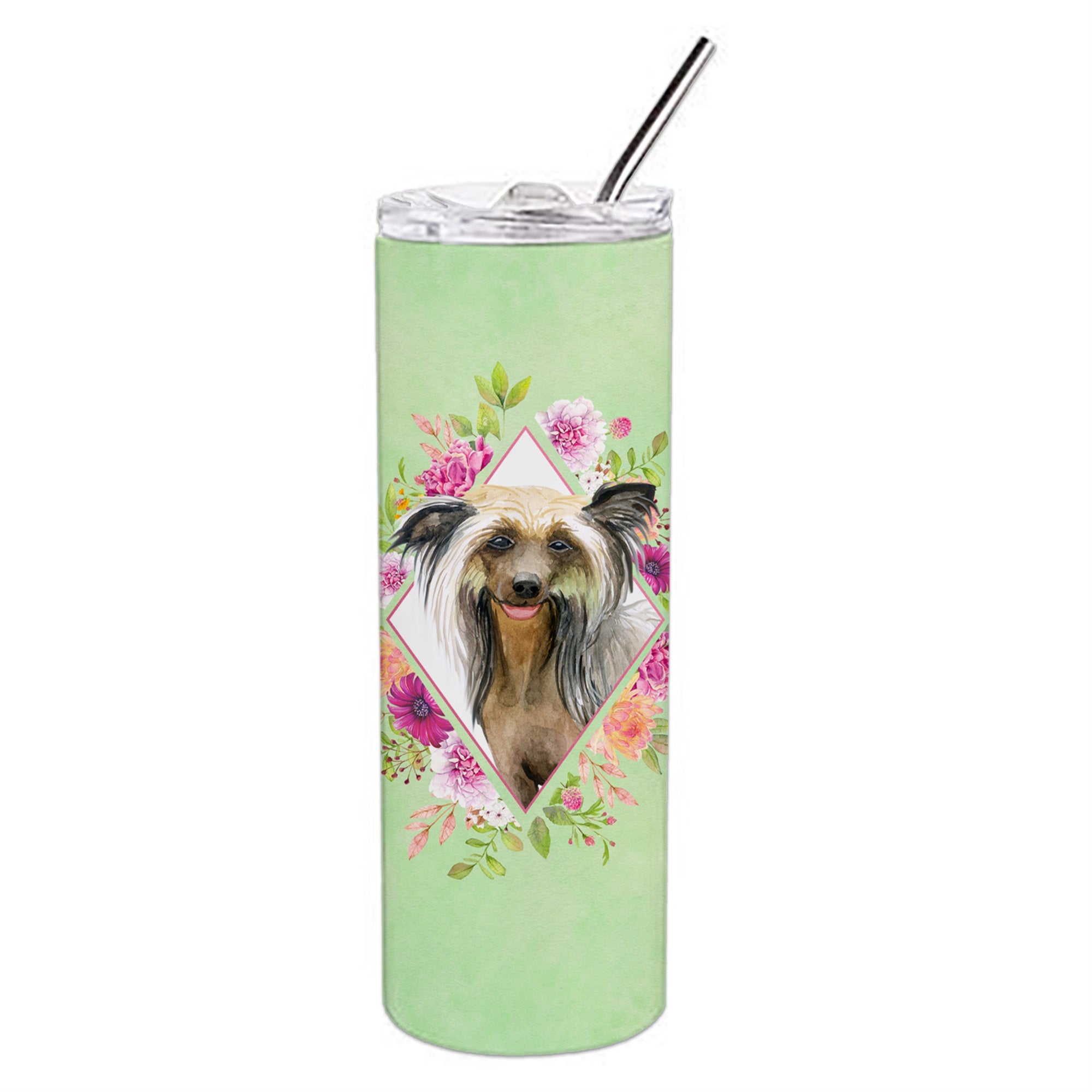 Chinese Crested Green Flowers Double Walled Stainless Steel 20 Oz Skinny Tumbler