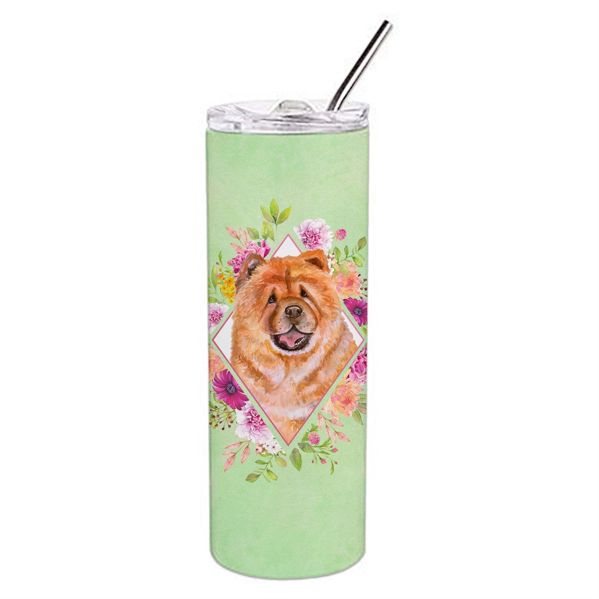 Chow Chow #1 Green Flowers Double Walled Stainless Steel 20 Oz Skinny Tumbler