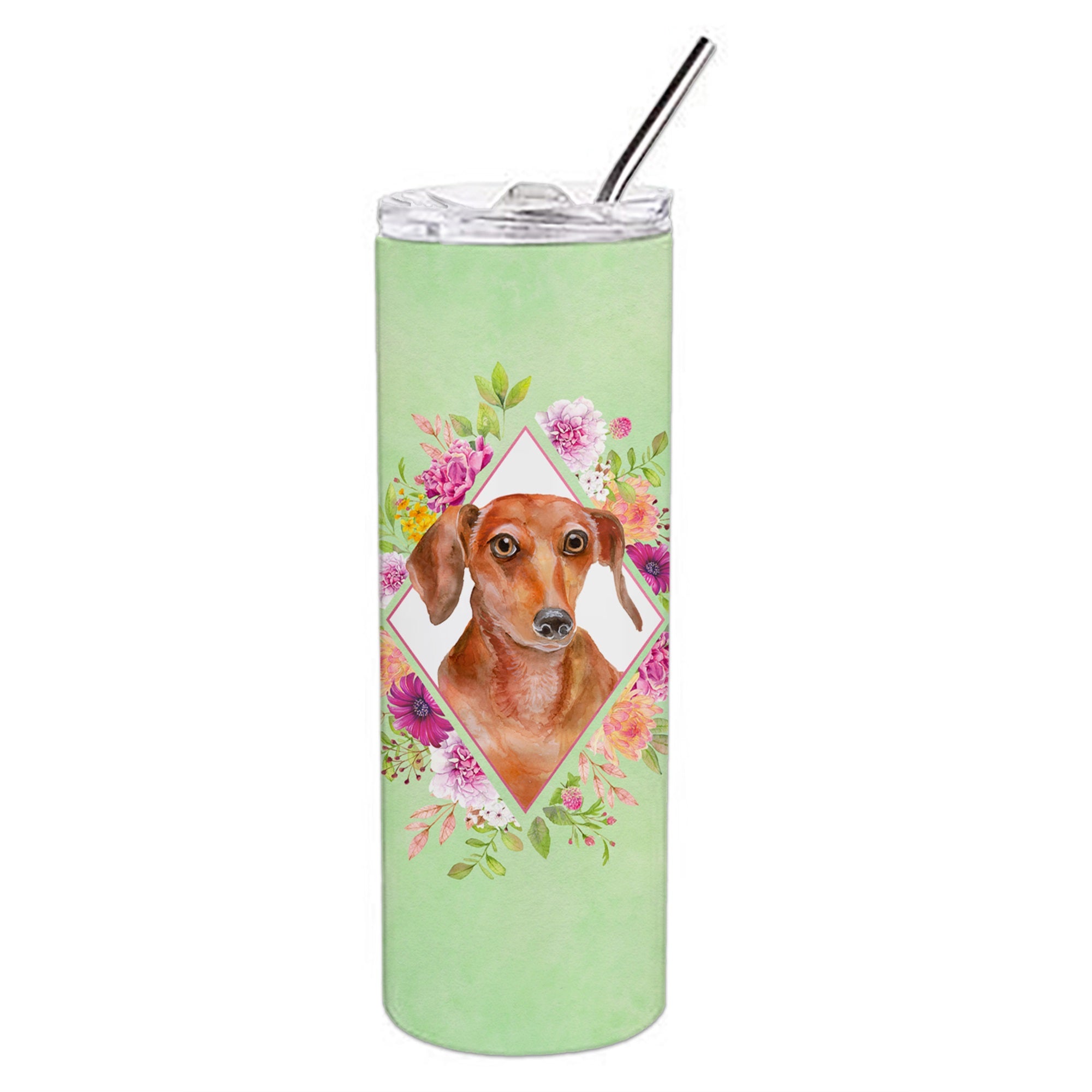 Dachshund Red #2 Green Flowers Double Walled Stainless Steel 20 Oz Skinny Tumbler