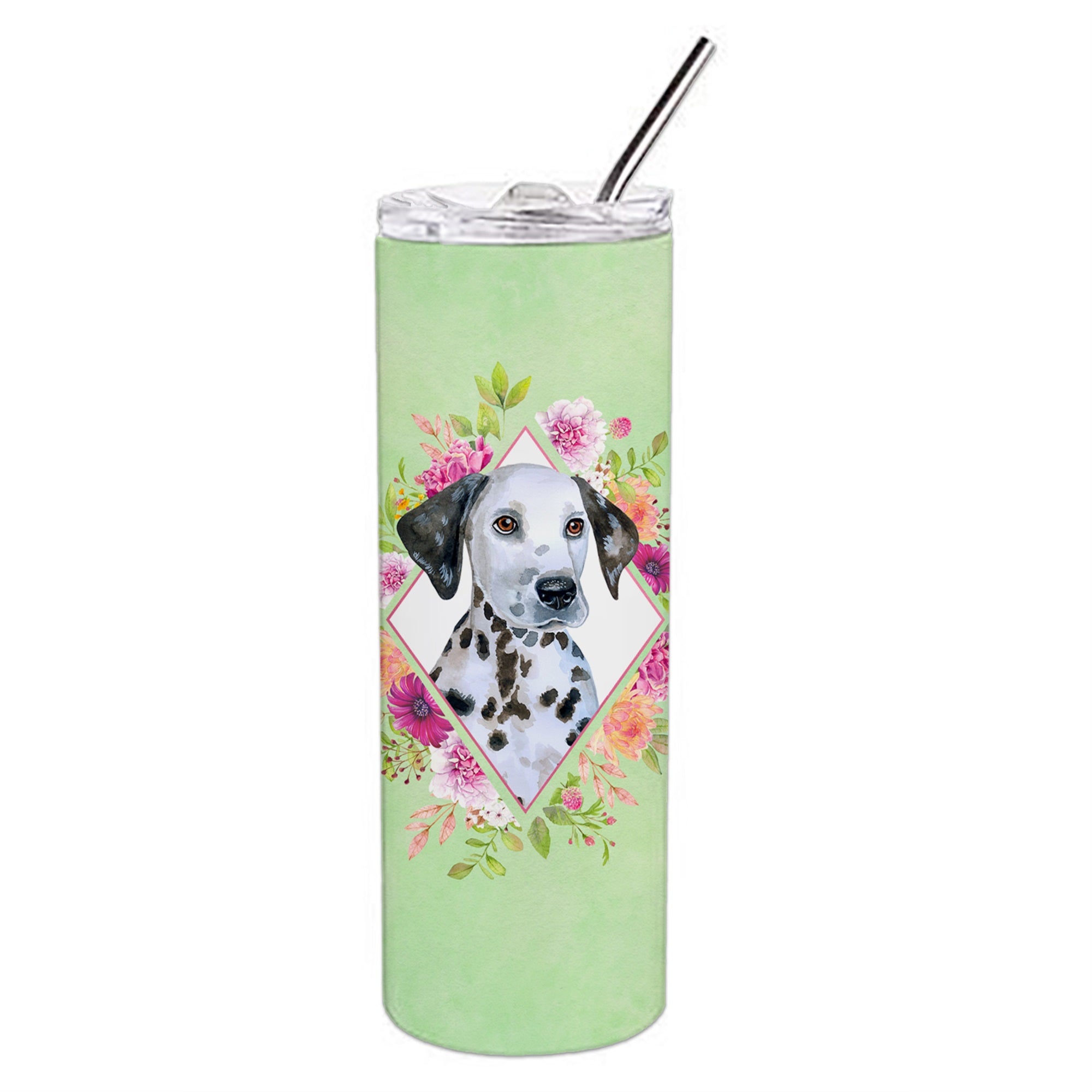 Dalmatian Puppy Green Flowers Double Walled Stainless Steel 20 Oz Skinny Tumbler