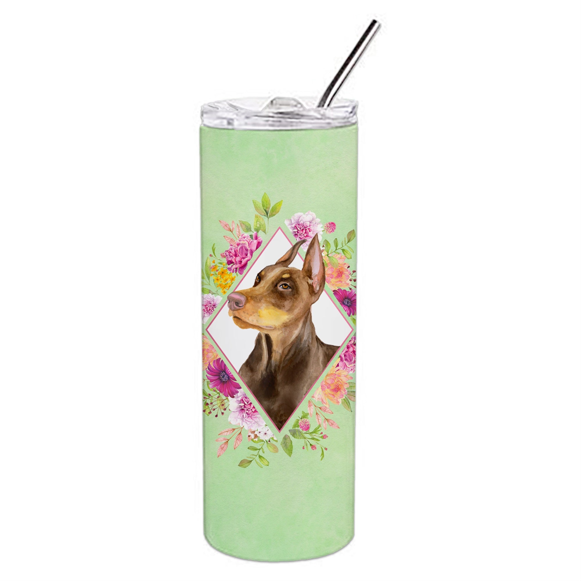 Doberman Pinscher Green Flowers Double Walled Stainless Steel 20 Oz Skinny Tumbler