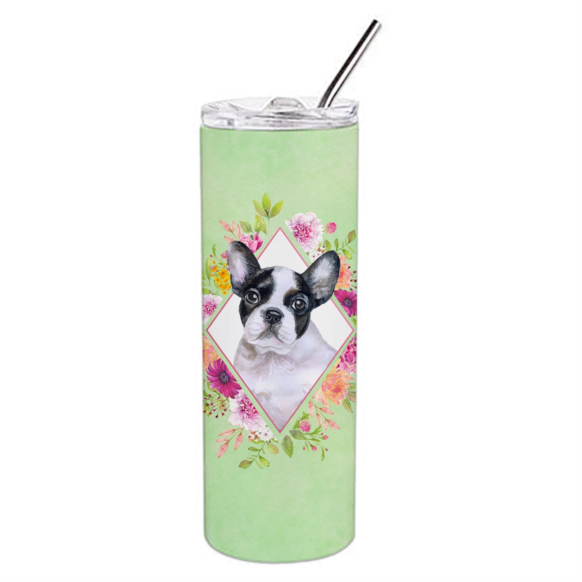 French Bulldog Green Flowers Double Walled Stainless Steel 20 Oz Skinny Tumbler