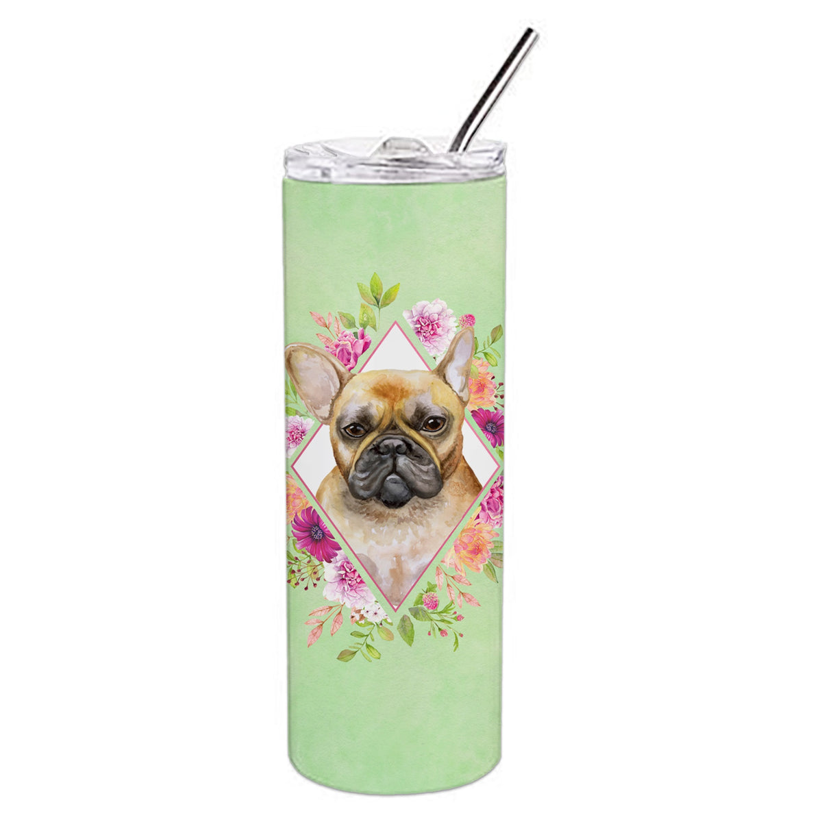 Fawn French Bulldog Green Flowers Double Walled Stainless Steel 20 Oz Skinny Tumbler