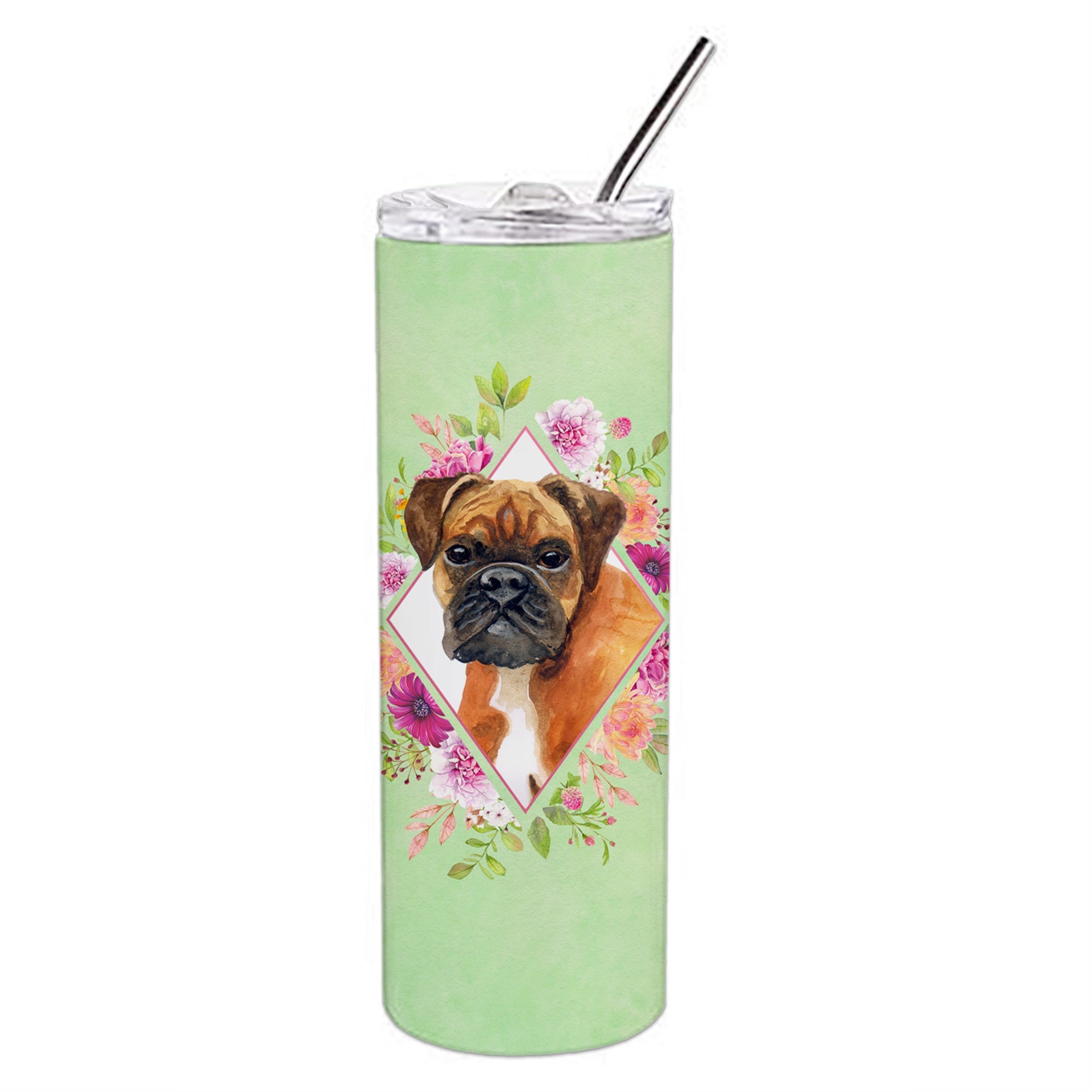 German Boxer Green Flowers Double Walled Stainless Steel 20 Oz Skinny Tumbler
