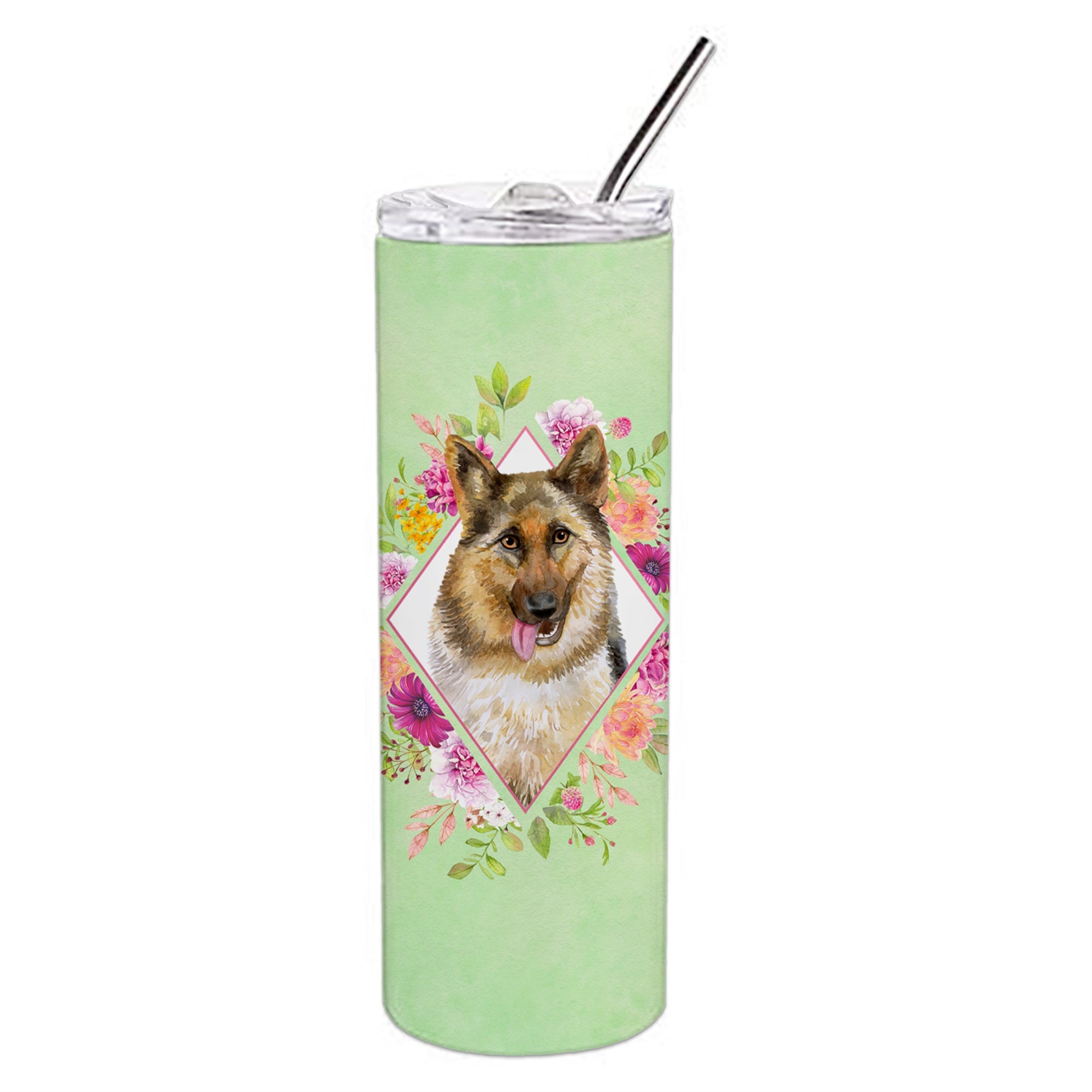 German Shepherd #1 Green Flowers Double Walled Stainless Steel 20 Oz Skinny Tumbler