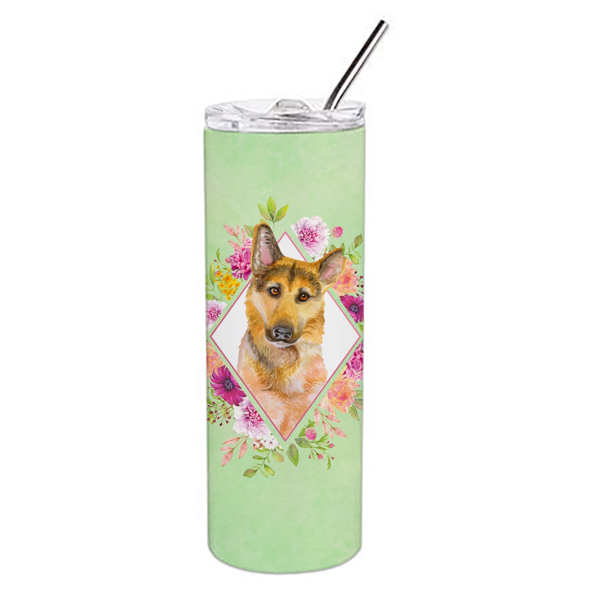 German Shepherd #2 Green Flowers Double Walled Stainless Steel 20 Oz Skinny Tumbler