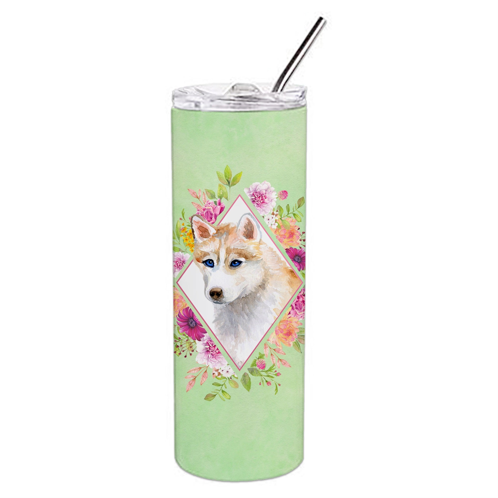 Red Siberian Husky Green Flowers Double Walled Stainless Steel 20 Oz Skinny Tumbler