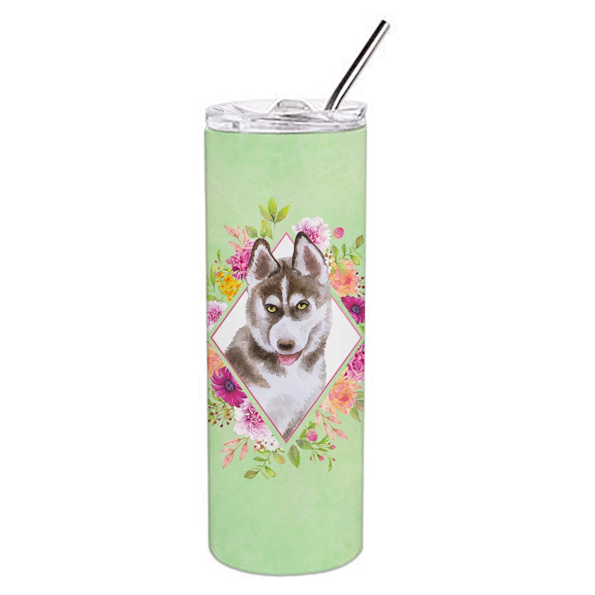 Siberian Husky #2 Green Flowers Double Walled Stainless Steel 20 Oz Skinny Tumbler
