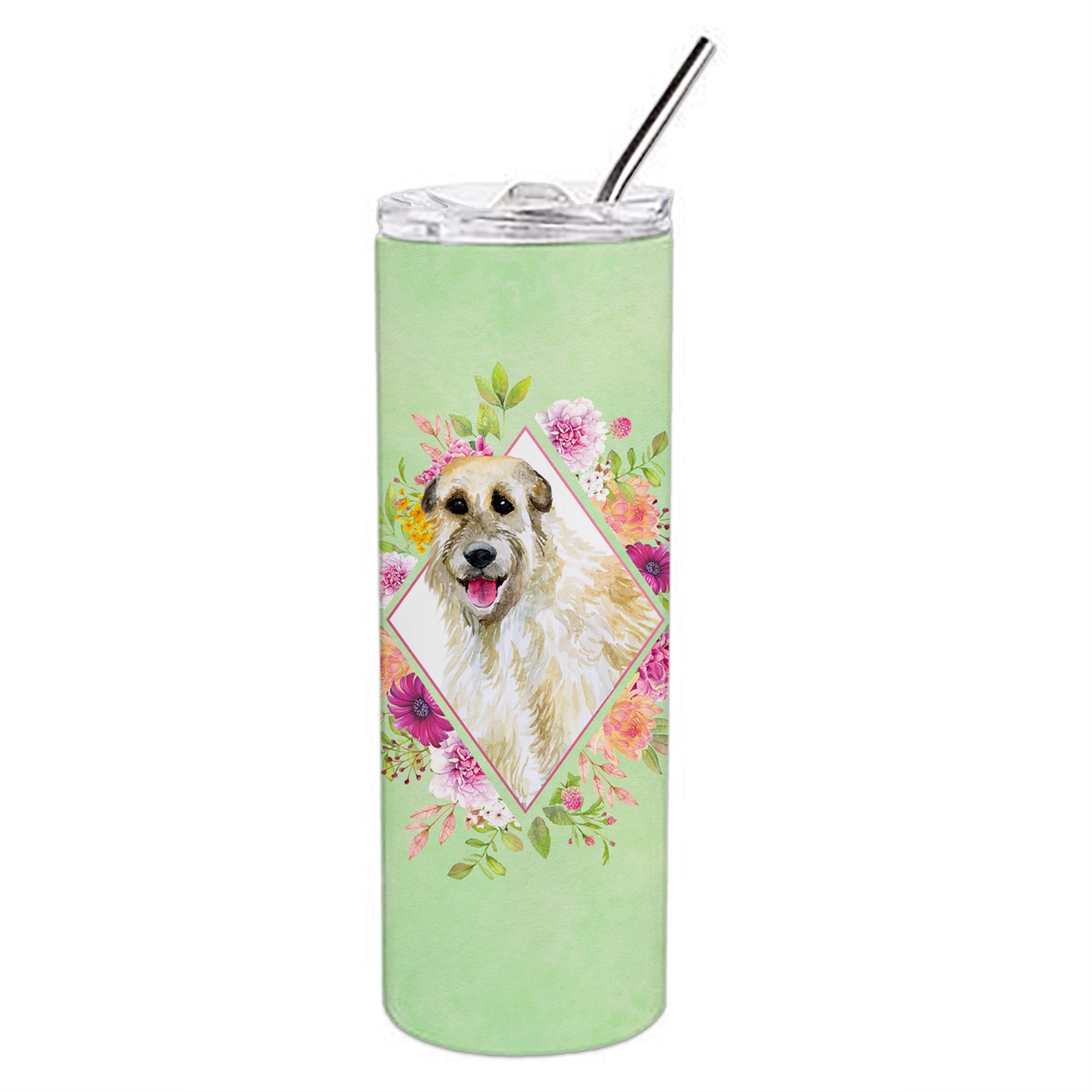 Irish Wolfhound Green Flowers Double Walled Stainless Steel 20 Oz Skinny Tumbler