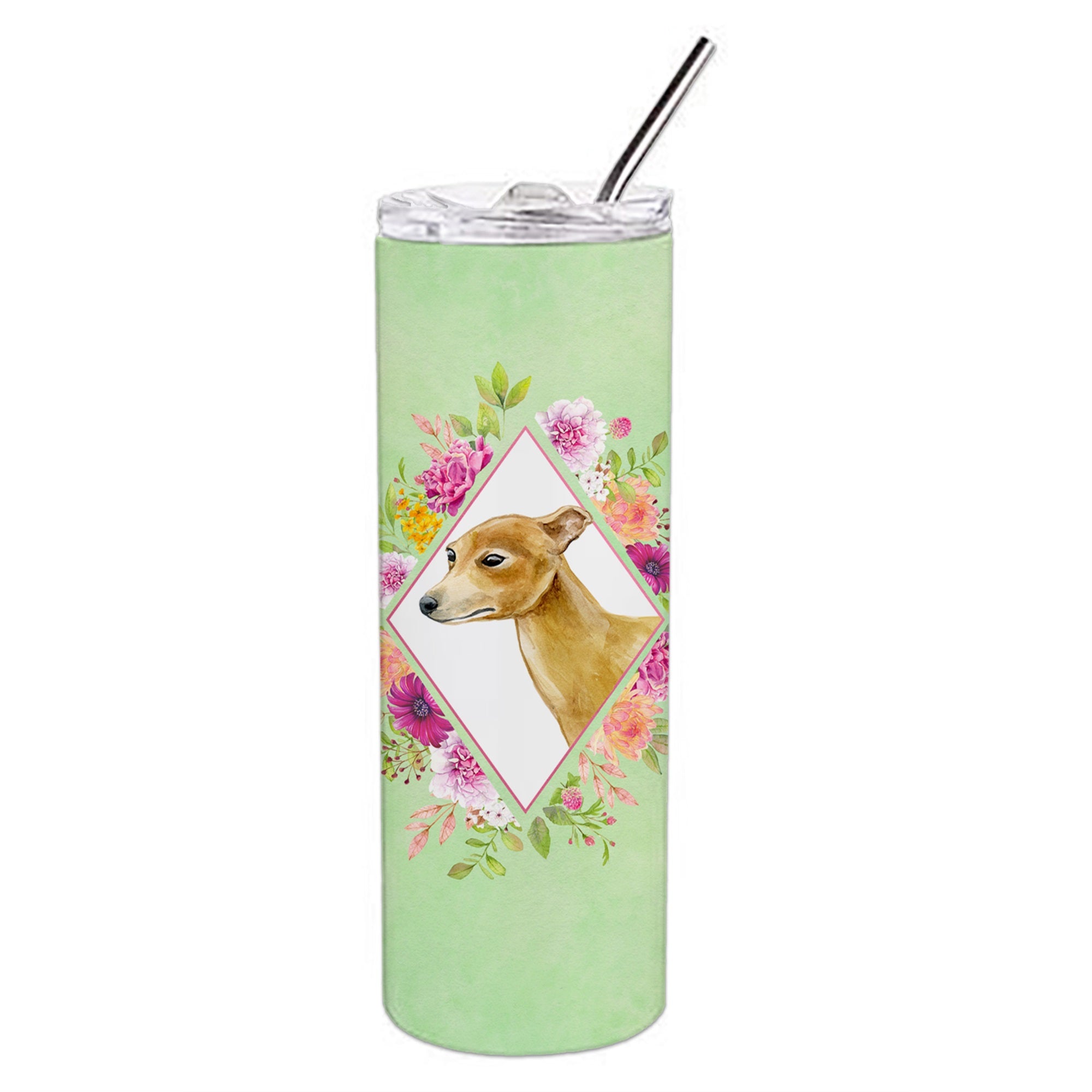 Italian Greyhound Green Flowers Double Walled Stainless Steel 20 Oz Skinny Tumbler