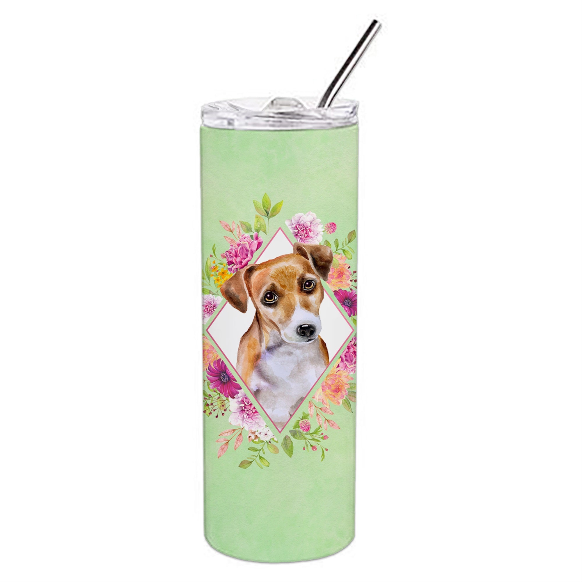 Jack Russell Terrier #1 Green Flowers Double Walled Stainless Steel 20 Oz Skinny Tumbler