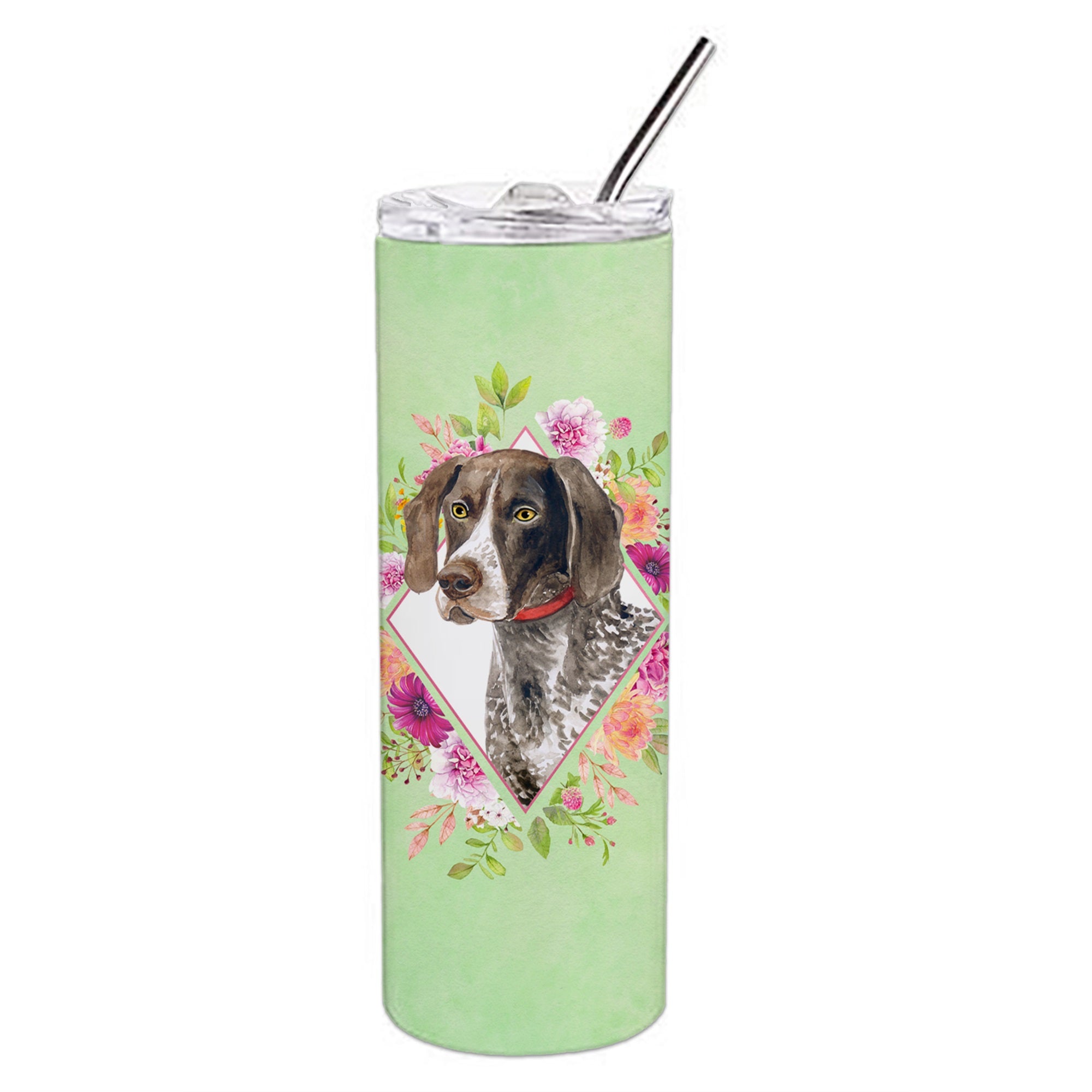German Shorthaired Pointer Green Flowers Double Walled Stainless Steel 20 Oz Skinny Tumbler
