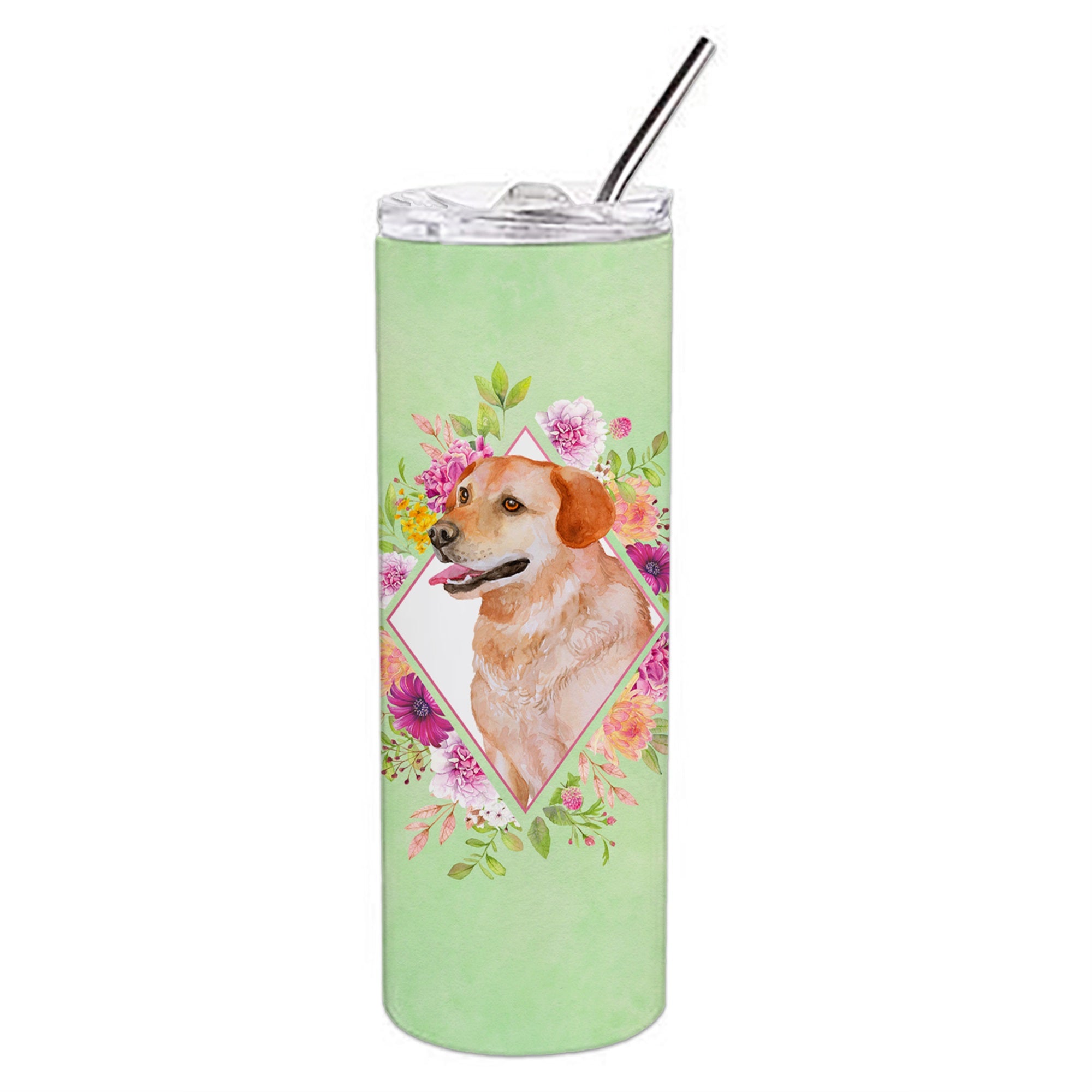 Yellow Labrador Retriever Green Flowers Double Walled Stainless Steel 20 Oz Skinny Tumbler