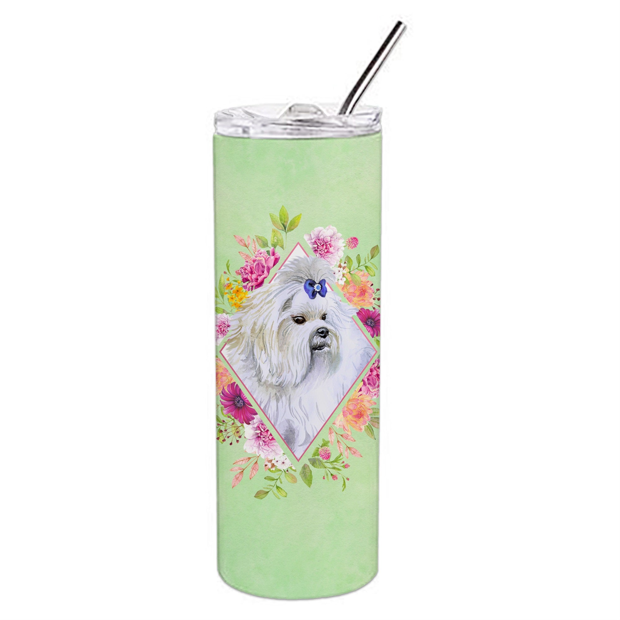 Maltese Green Flowers Double Walled Stainless Steel 20 Oz Skinny Tumbler