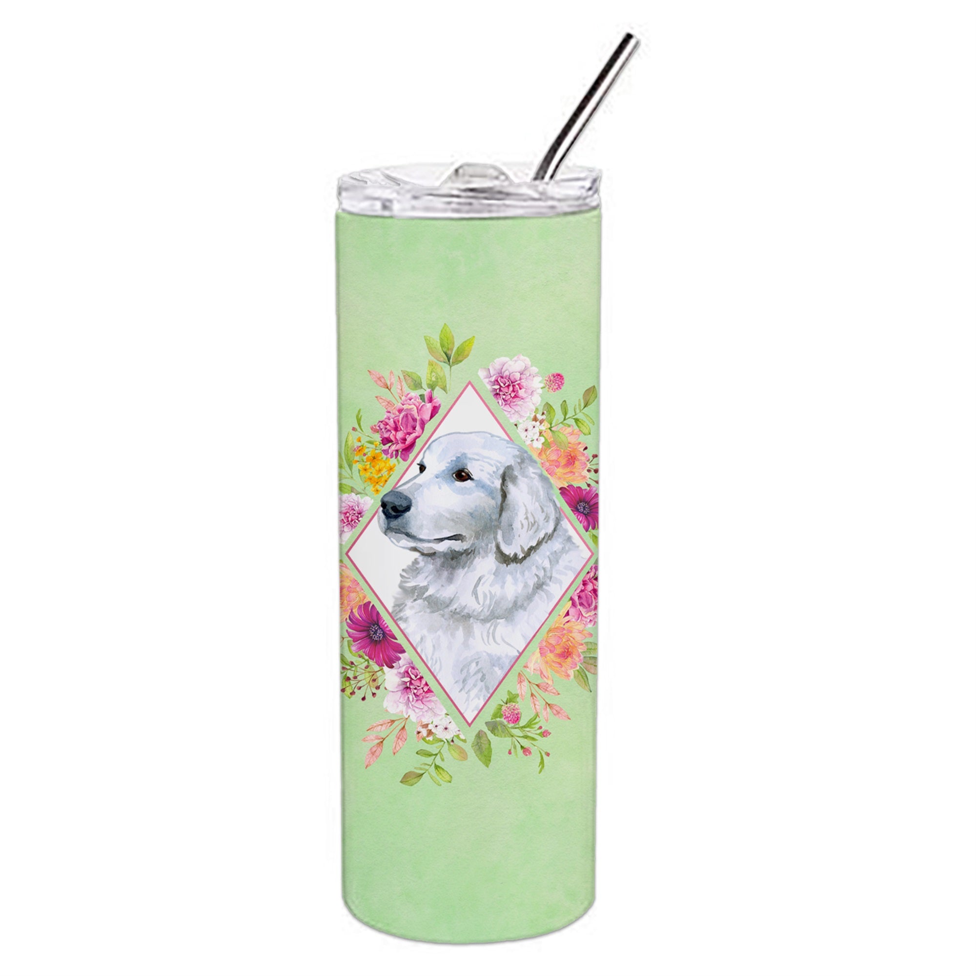 Great Pyrenees Green Flowers Double Walled Stainless Steel 20 Oz Skinny Tumbler