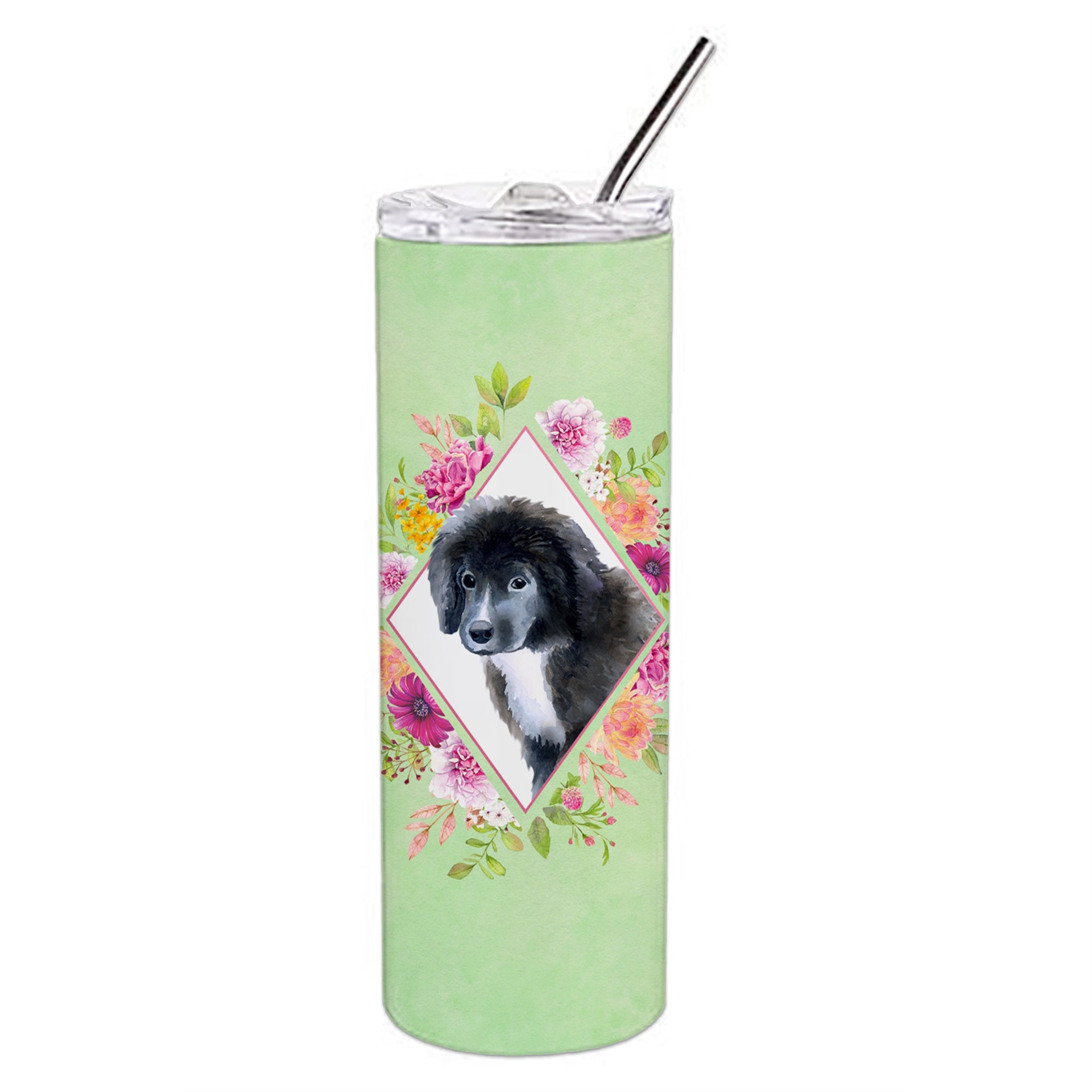 Newfoundland Puppy Green Flowers Double Walled Stainless Steel 20 Oz Skinny Tumbler