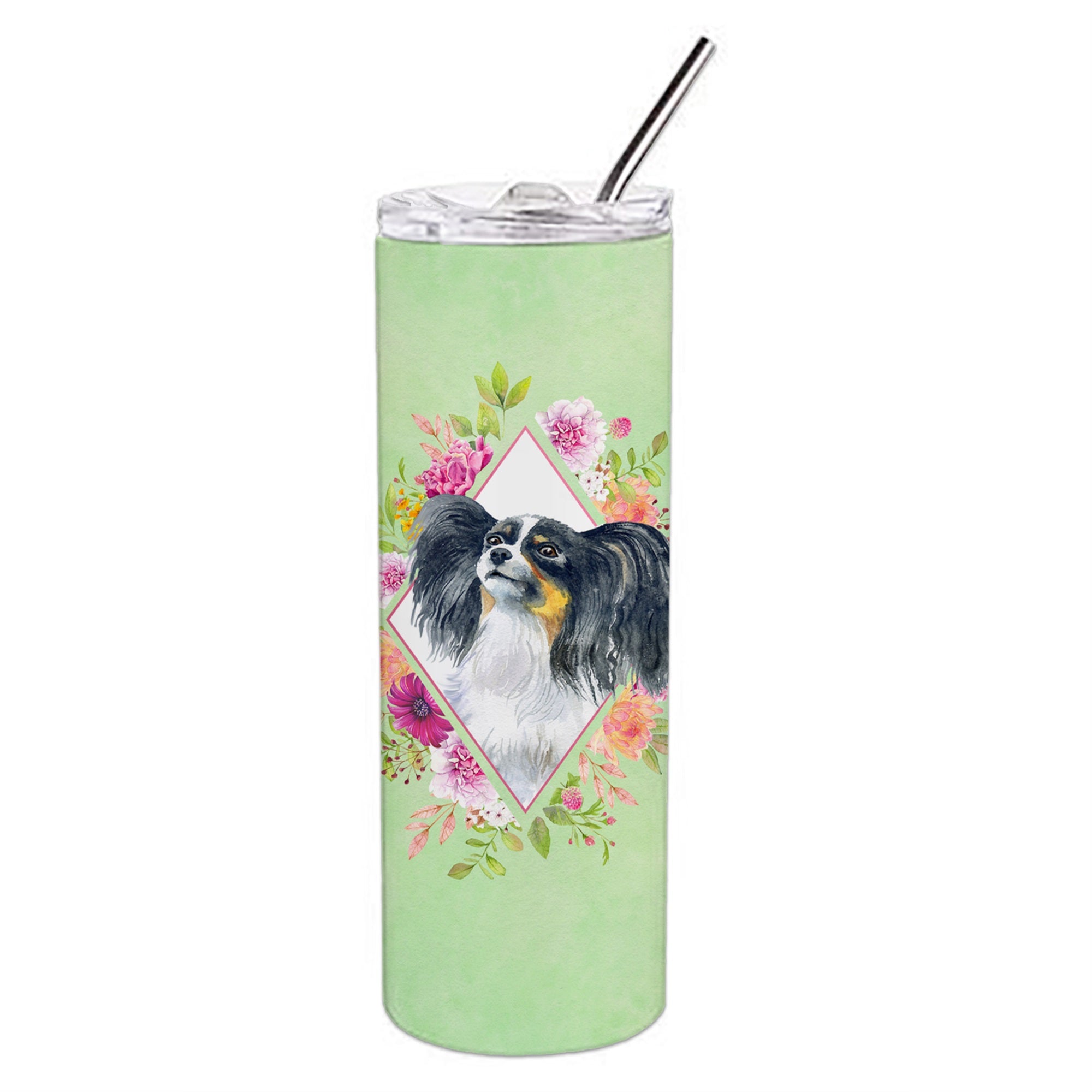 Papillon Green Flowers Double Walled Stainless Steel 20 Oz Skinny Tumbler